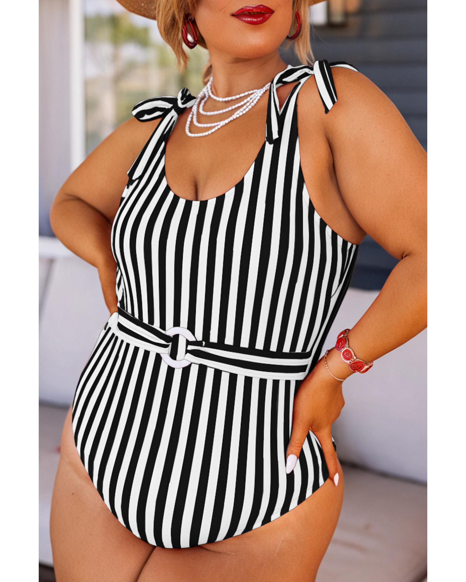 Black Stripe Plus Size Self Tie Straps O-Ring Waistband One Piece Swimsuit - 3X 8