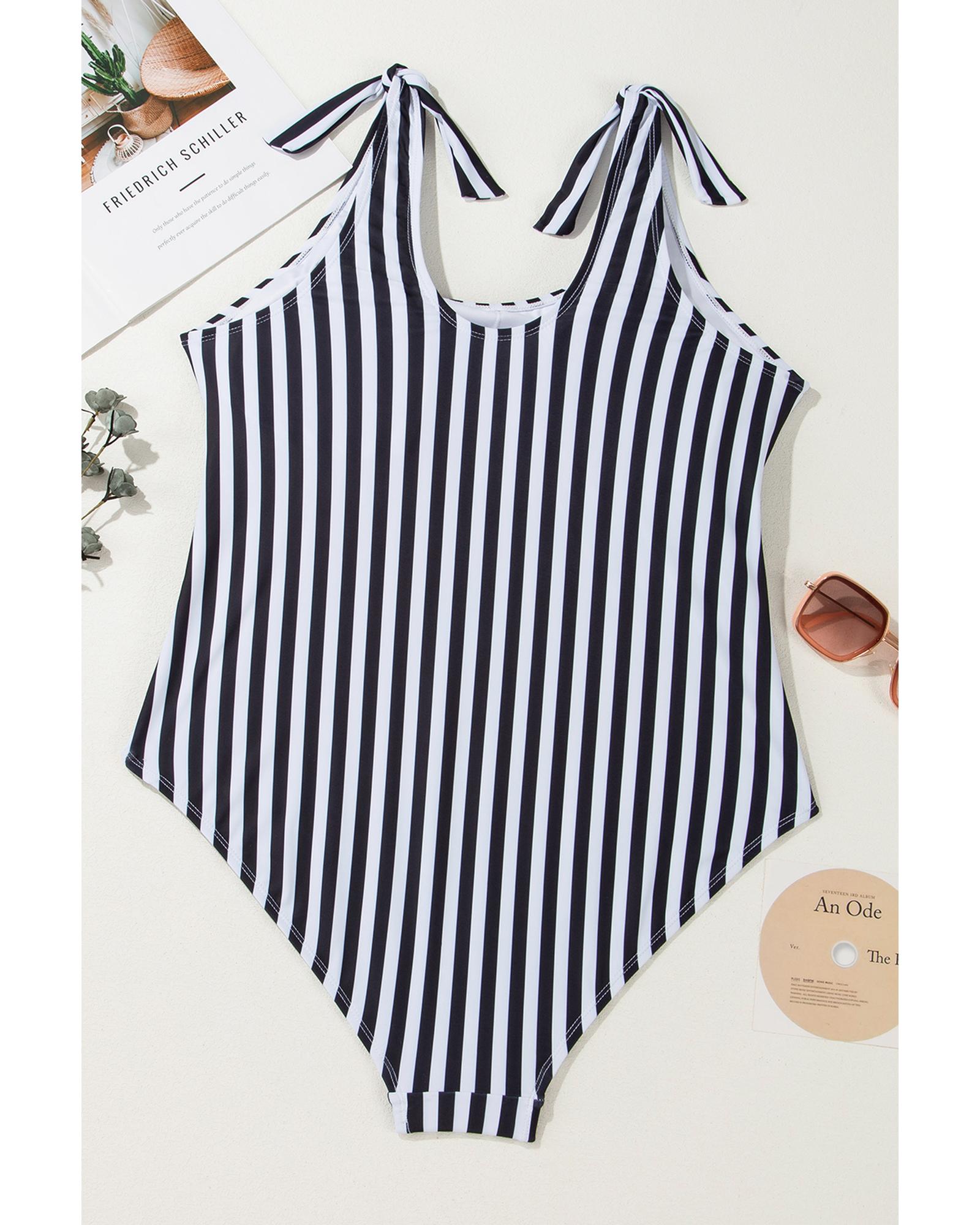 Black Stripe Plus Size Self Tie Straps O-Ring Waistband One Piece Swimsuit - 4X 5