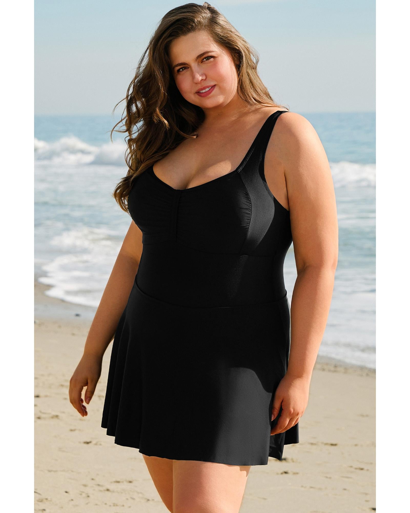 Black Plus Size Solid Pleated Ruffled One Piece Swim Dress - 1X 3