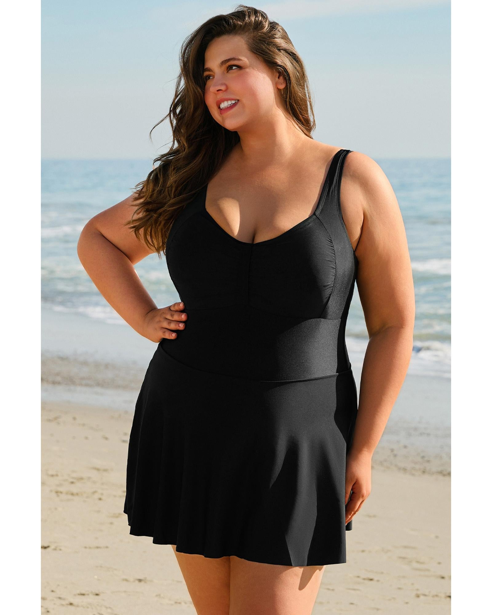 Black Plus Size Solid Pleated Ruffled One Piece Swim Dress - 1X 6