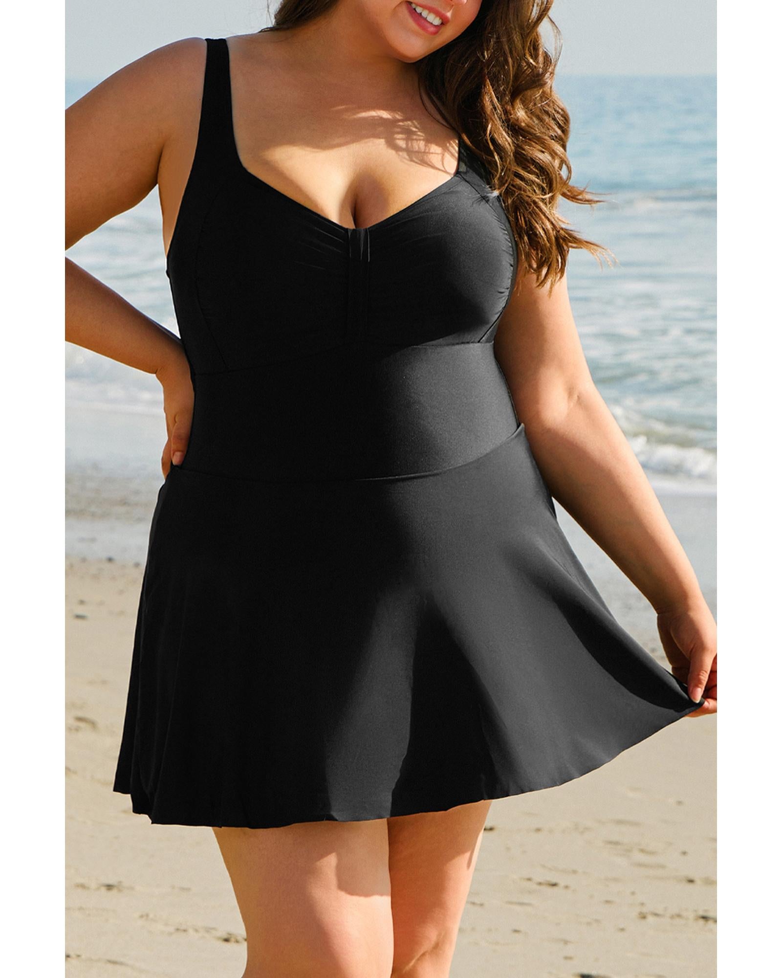 Black Plus Size Solid Pleated Ruffled One Piece Swim Dress - 1X 8
