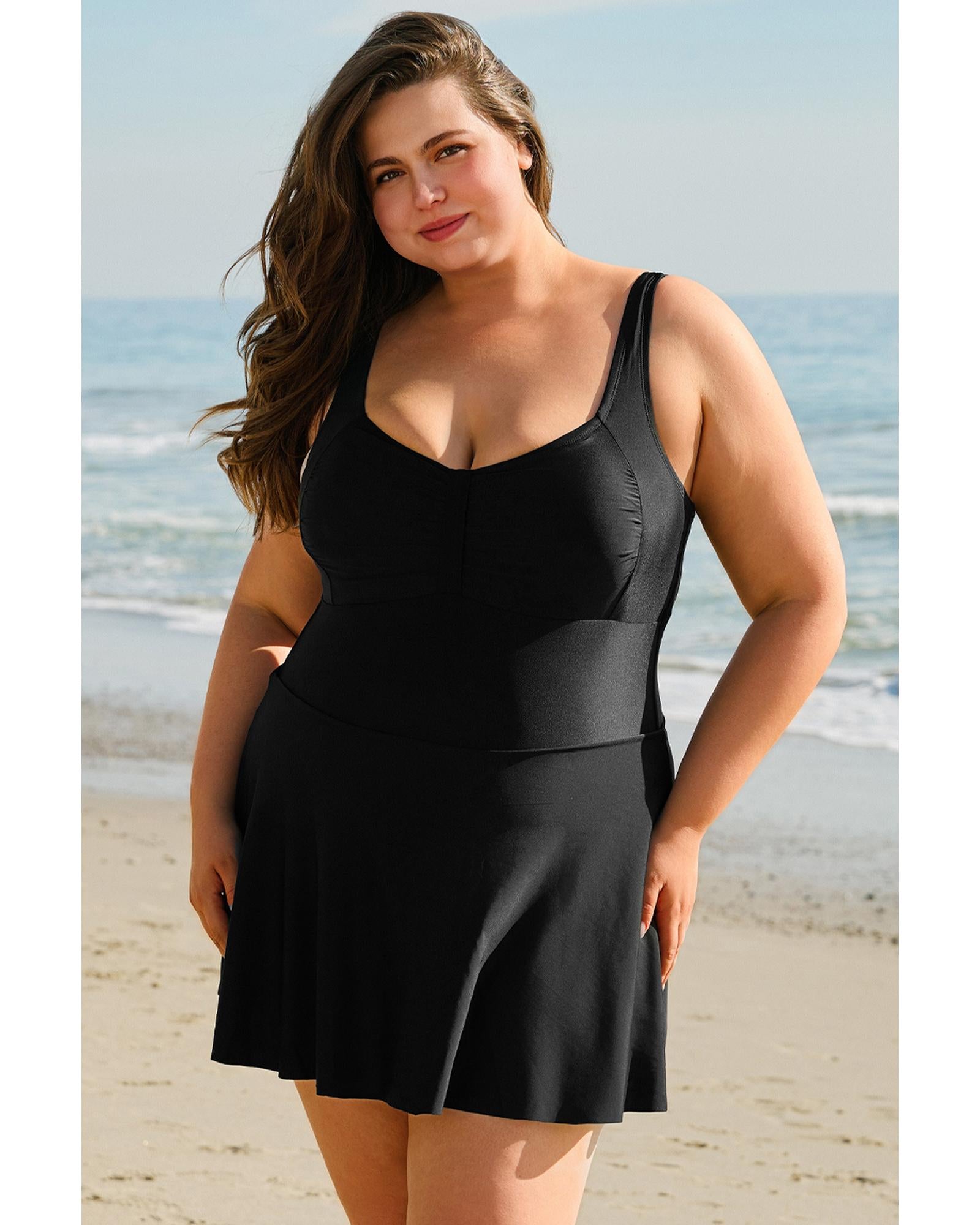 Black Plus Size Solid Pleated Ruffled One Piece Swim Dress - 4X 5