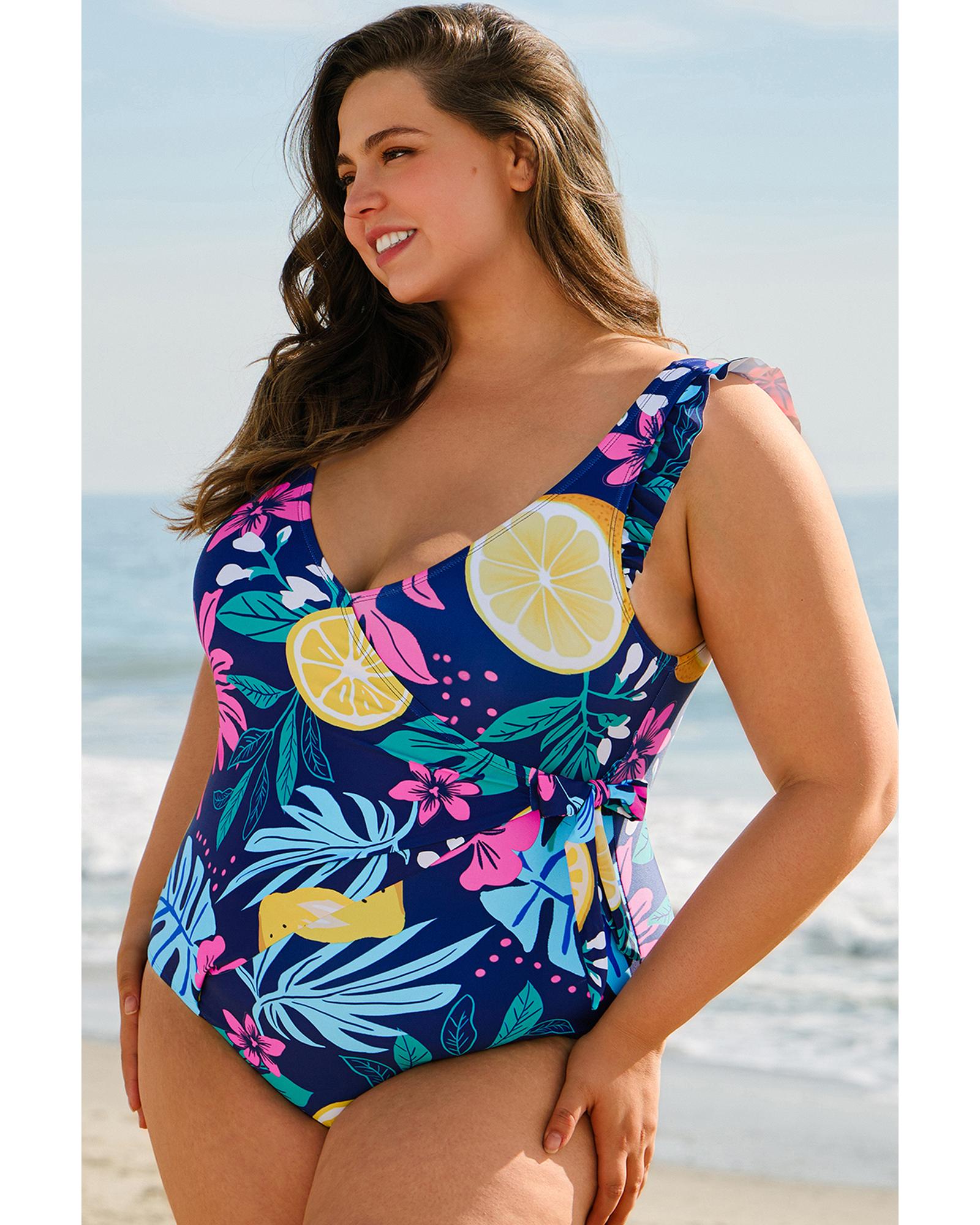 Blue Plus Size Printed V Neck Wrap Knot Ruffled One Piece Swimwear - 3X 4