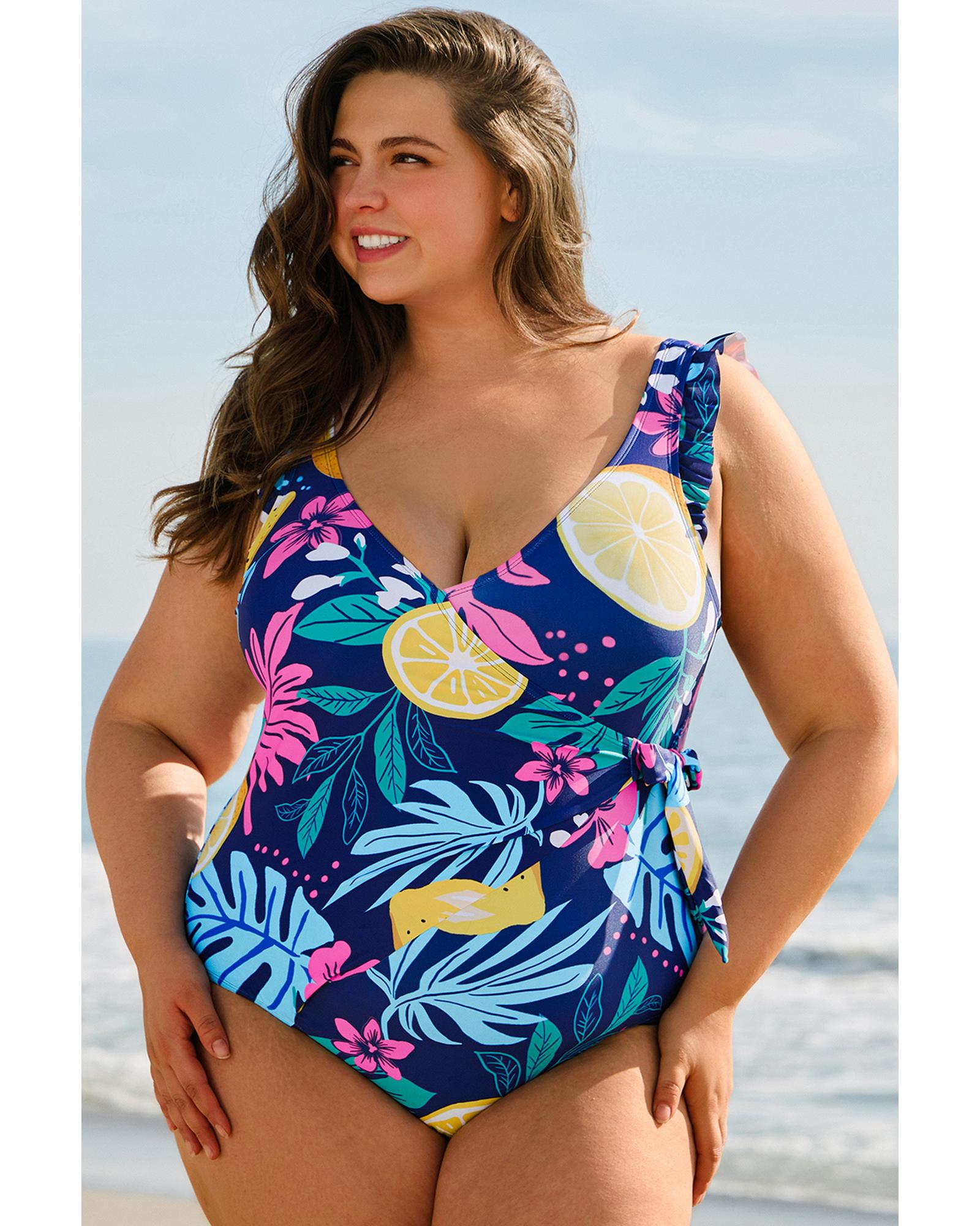 Blue Plus Size Printed V Neck Wrap Knot Ruffled One Piece Swimwear - 3X 6