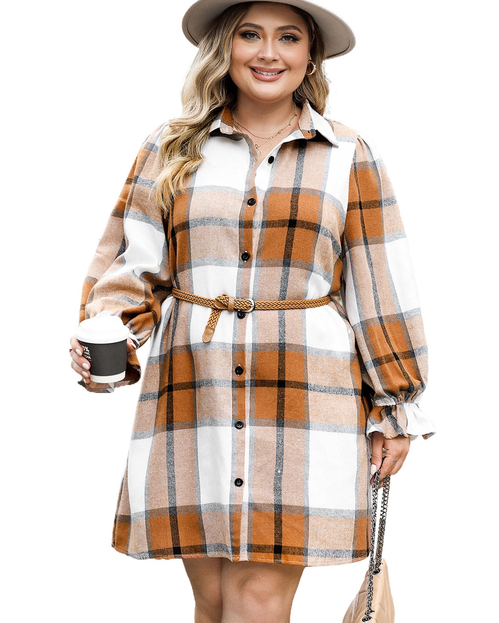 Khaki Plus Size Plaid Flounce Sleeve Button up Shirt Dress - 1X 4