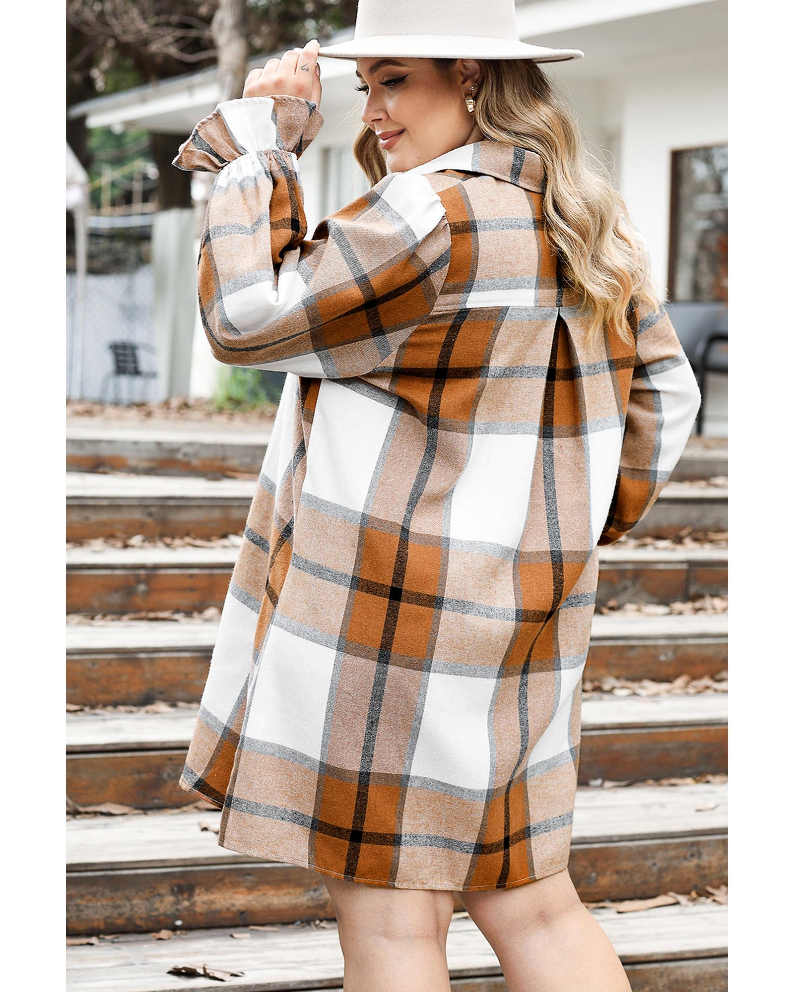 Khaki Plus Size Plaid Flounce Sleeve Button up Shirt Dress - 1X 6