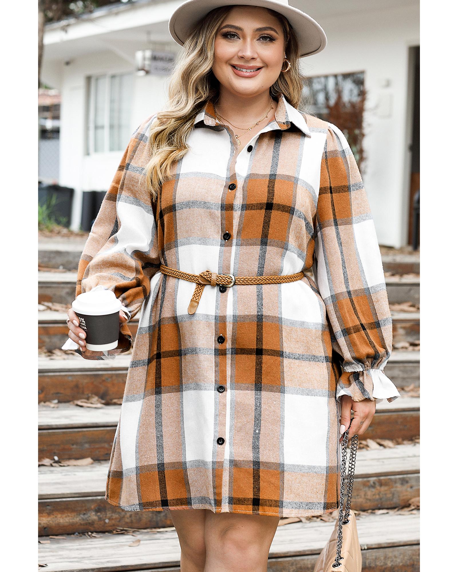 Khaki Plus Size Plaid Flounce Sleeve Button up Shirt Dress - 2X