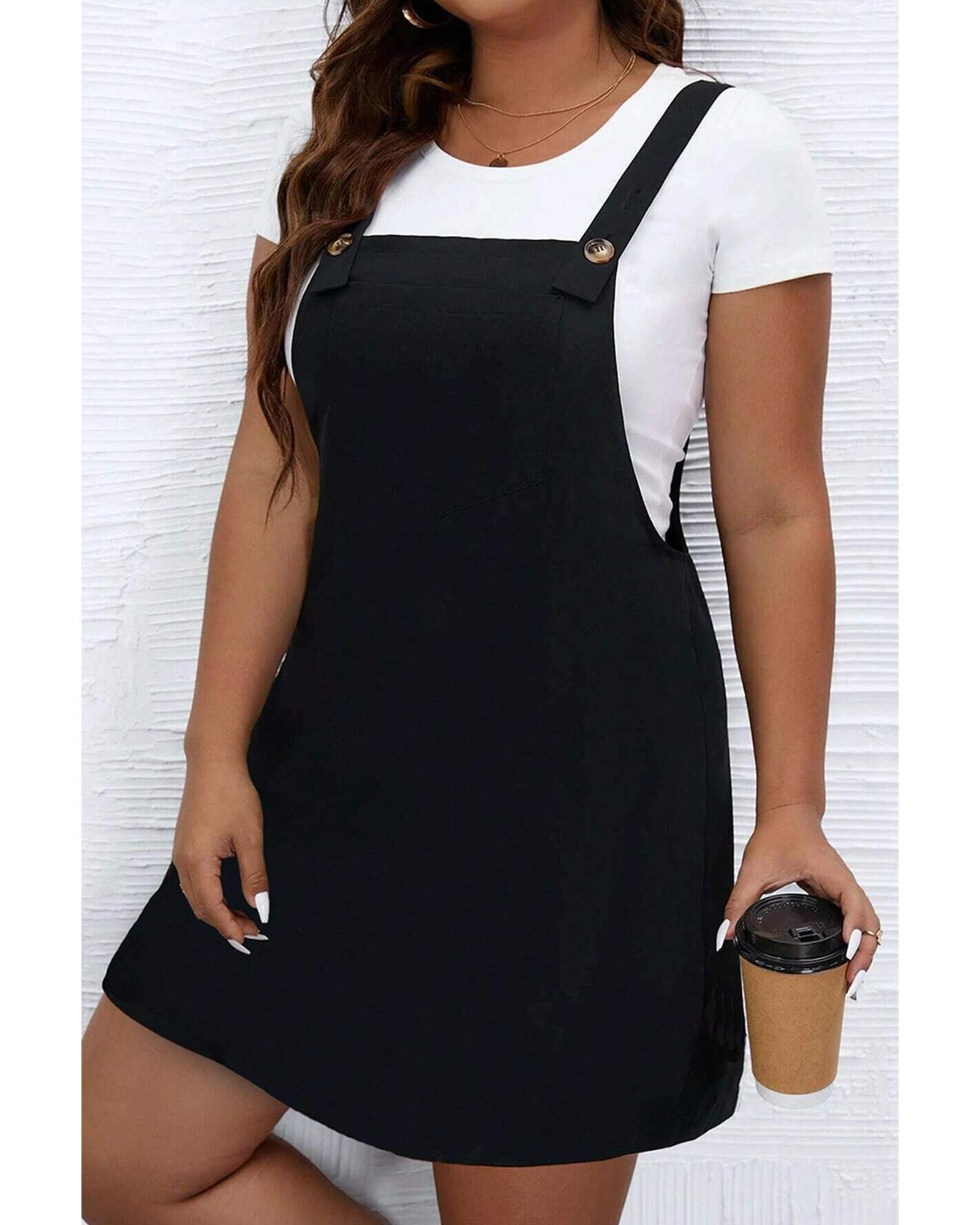 Black Solid Buttoned Straps Plus Size Overall Dress - 2X 6