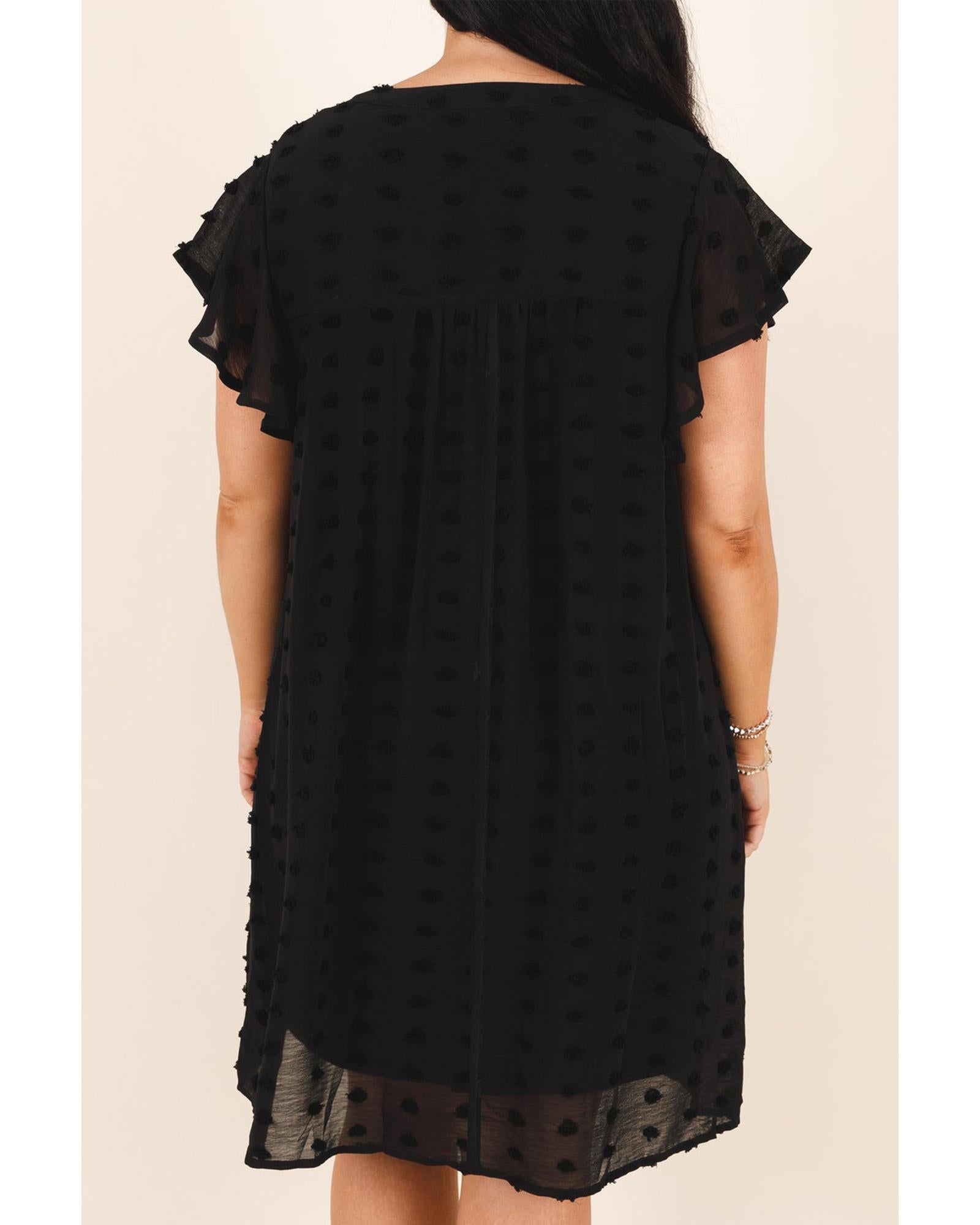Black Dotty Textured Notched Neck Plus Ruffled Dress - 1X