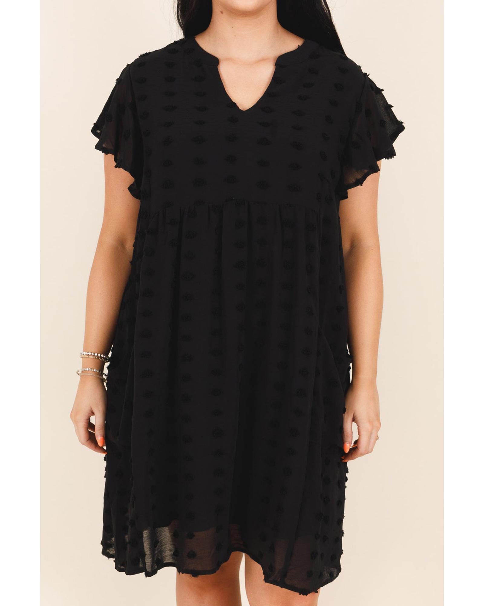 Black Dotty Textured Notched Neck Plus Ruffled Dress - 1X 3