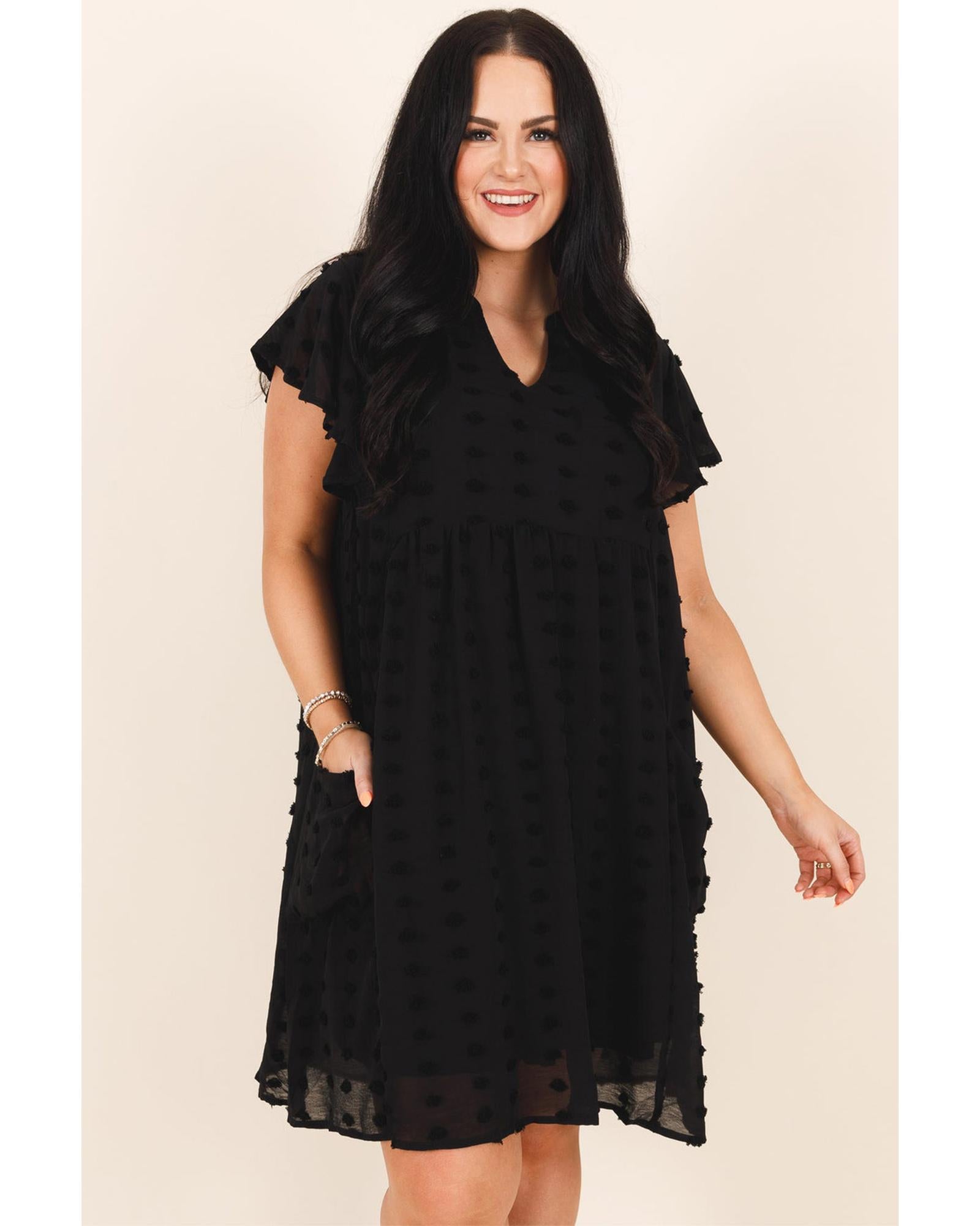 Black Dotty Textured Notched Neck Plus Ruffled Dress - 1X 6