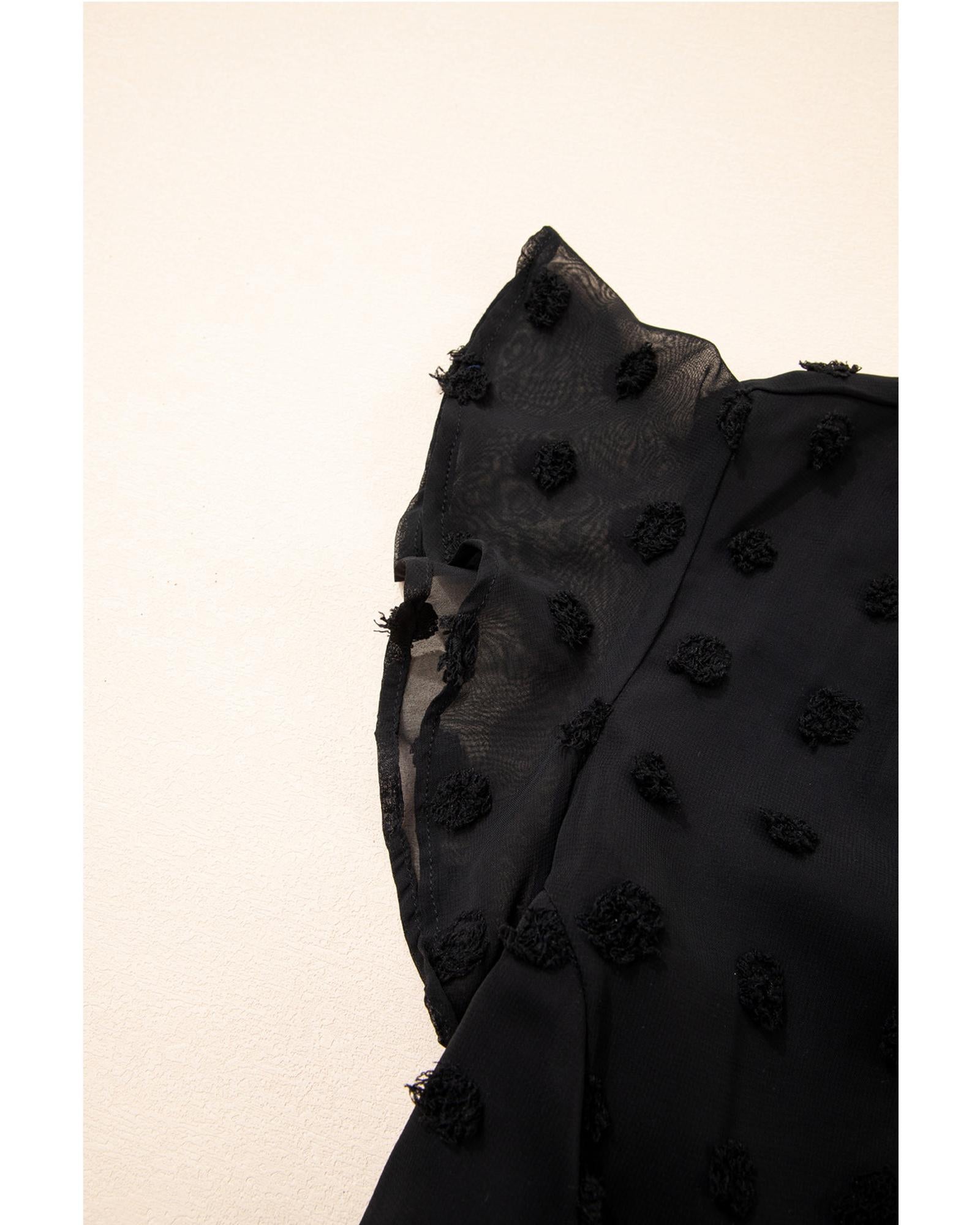 Black Dotty Textured Notched Neck Plus Ruffled Dress - 1X 7