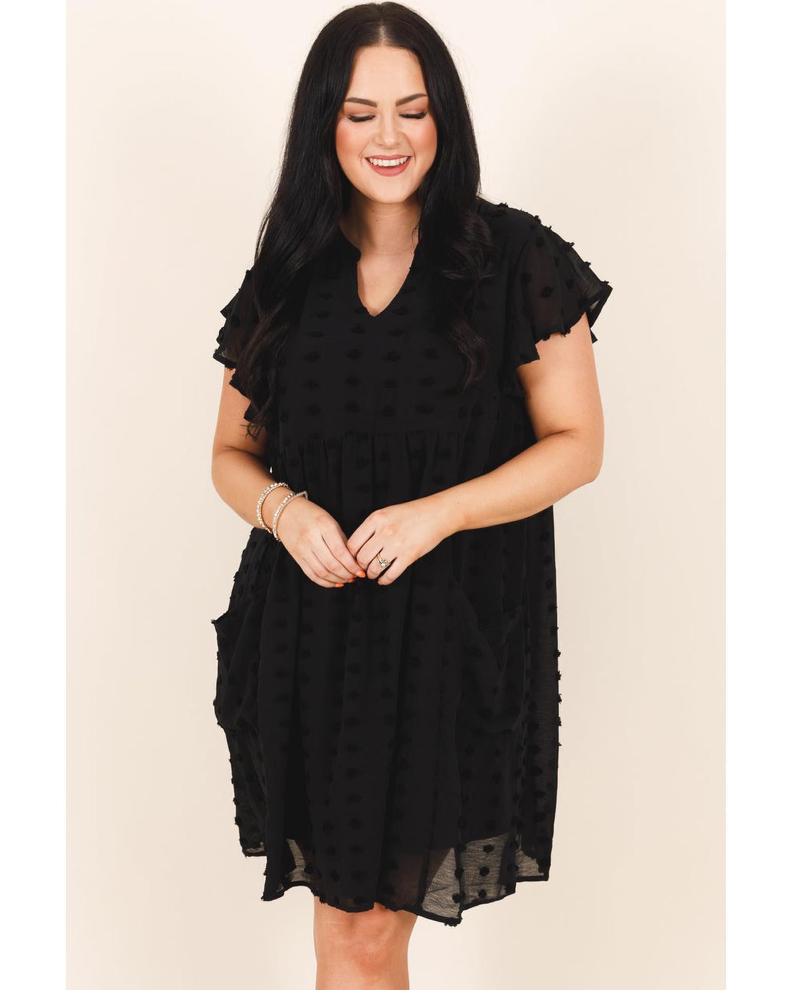 Black Dotty Textured Notched Neck Plus Ruffled Dress - 3X 3