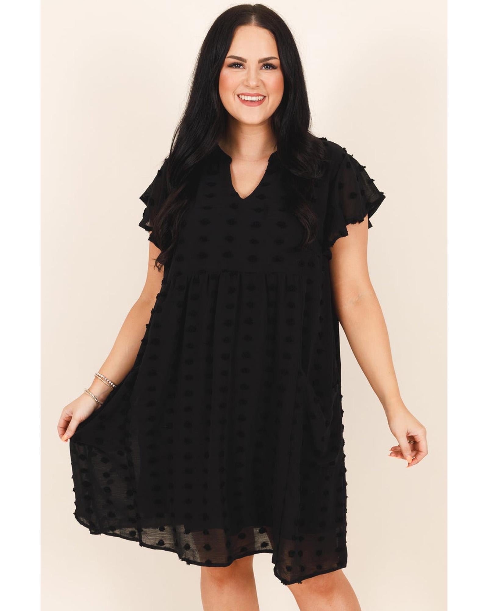 Black Dotty Textured Notched Neck Plus Ruffled Dress - 4X 5