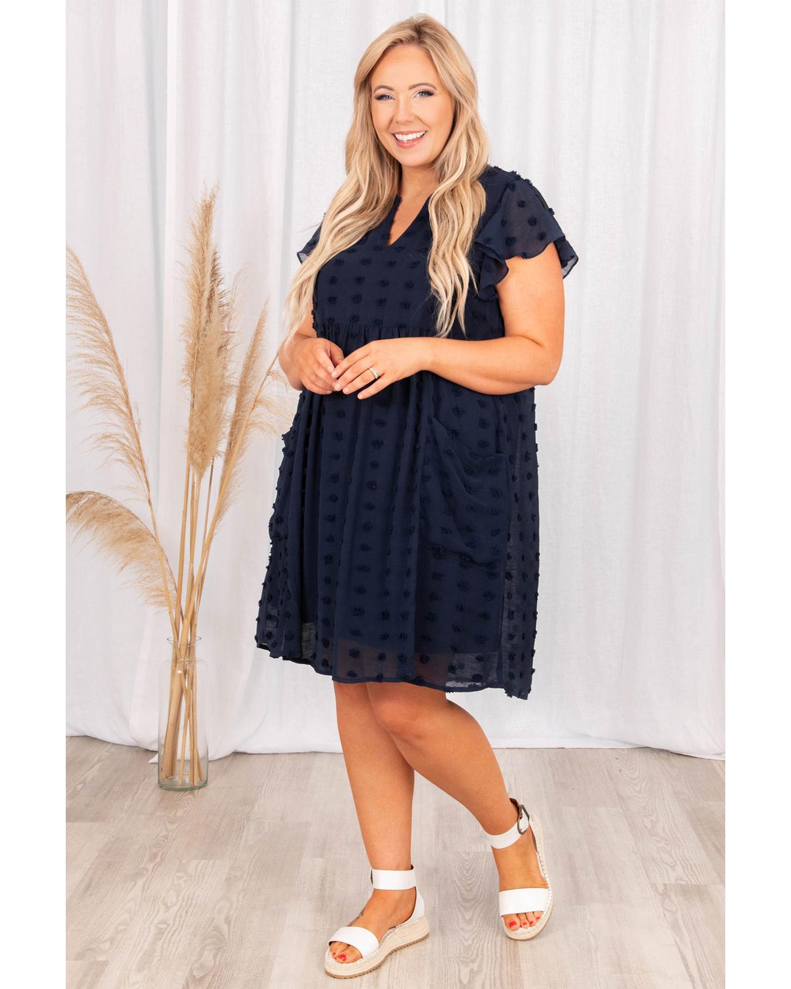 Navy Blue Dotty Textured Notched Neck Plus Ruffled Dress - 2X 4