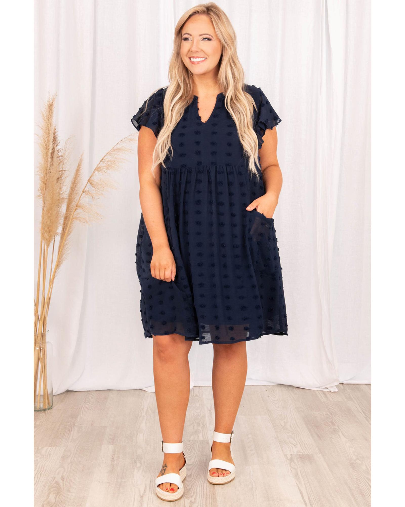 Navy Blue Dotty Textured Notched Neck Plus Ruffled Dress - 2X 5