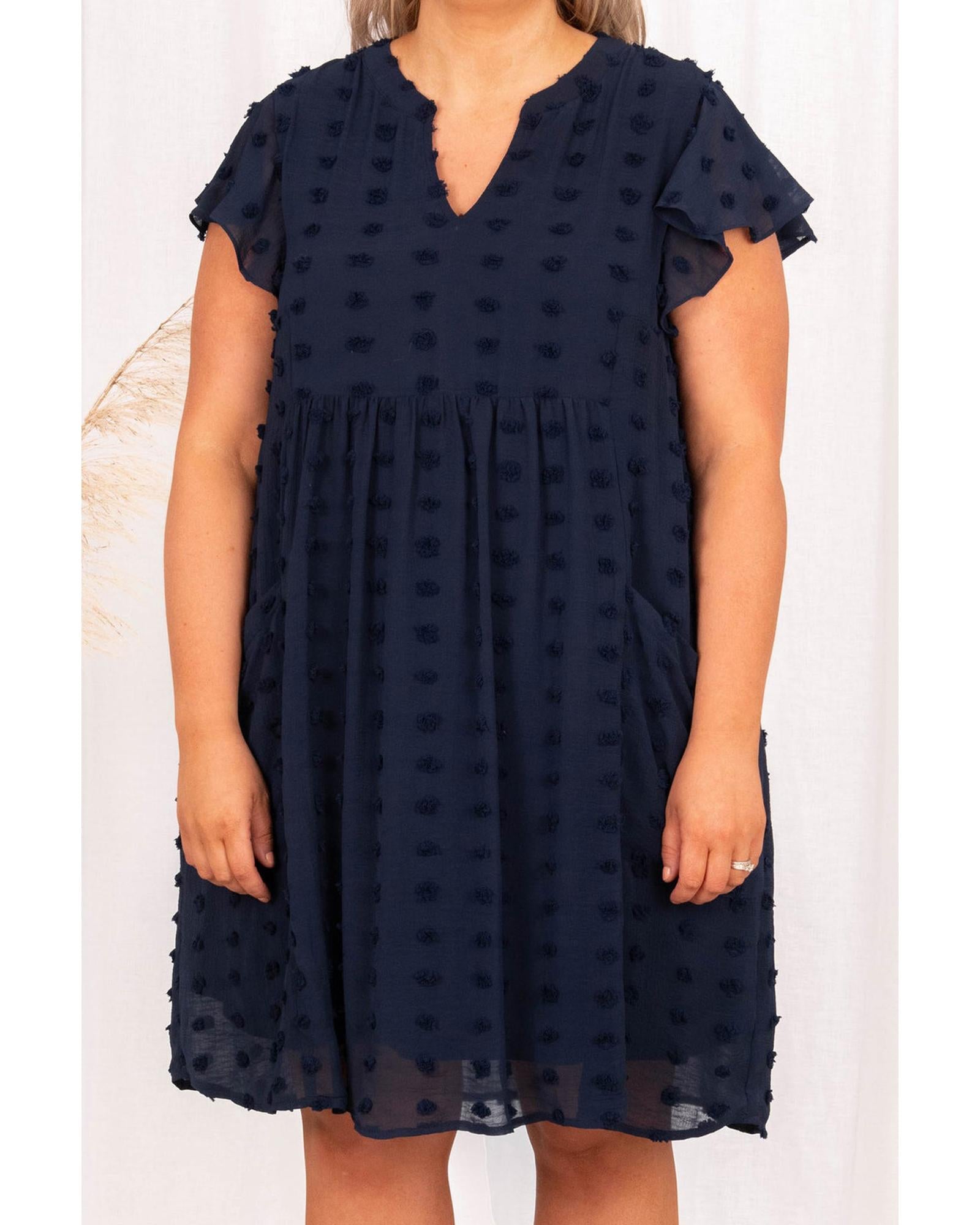 Navy Blue Dotty Textured Notched Neck Plus Ruffled Dress - 4X 3