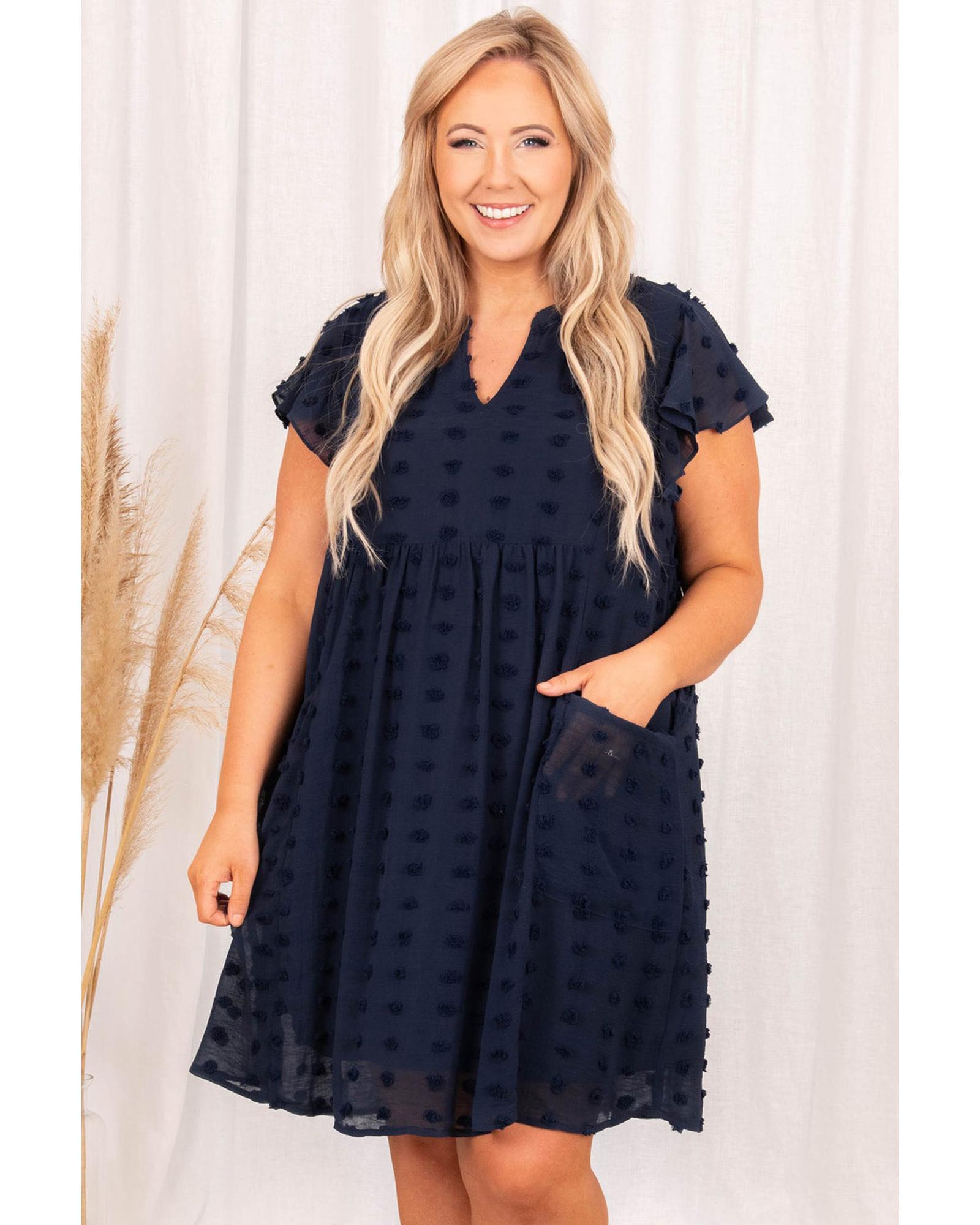 Navy Blue Dotty Textured Notched Neck Plus Ruffled Dress - 4X 6