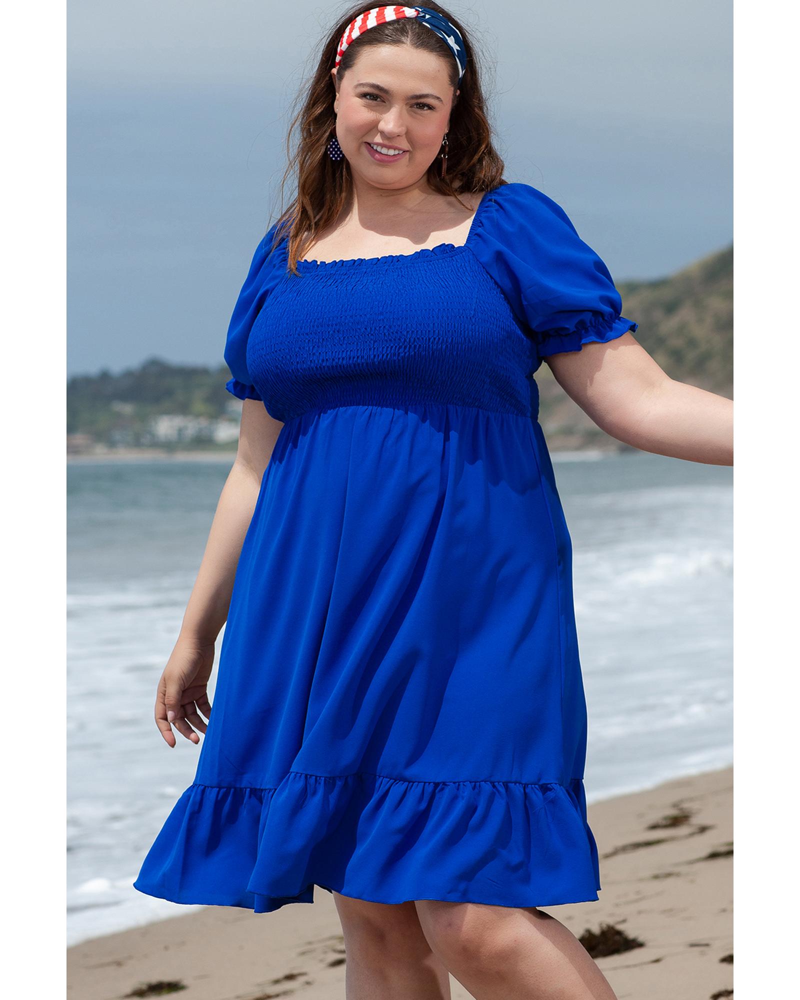 Dark Blue Shirred Ruffled Square Neck Plus Size Mini Dress - 1X 4
