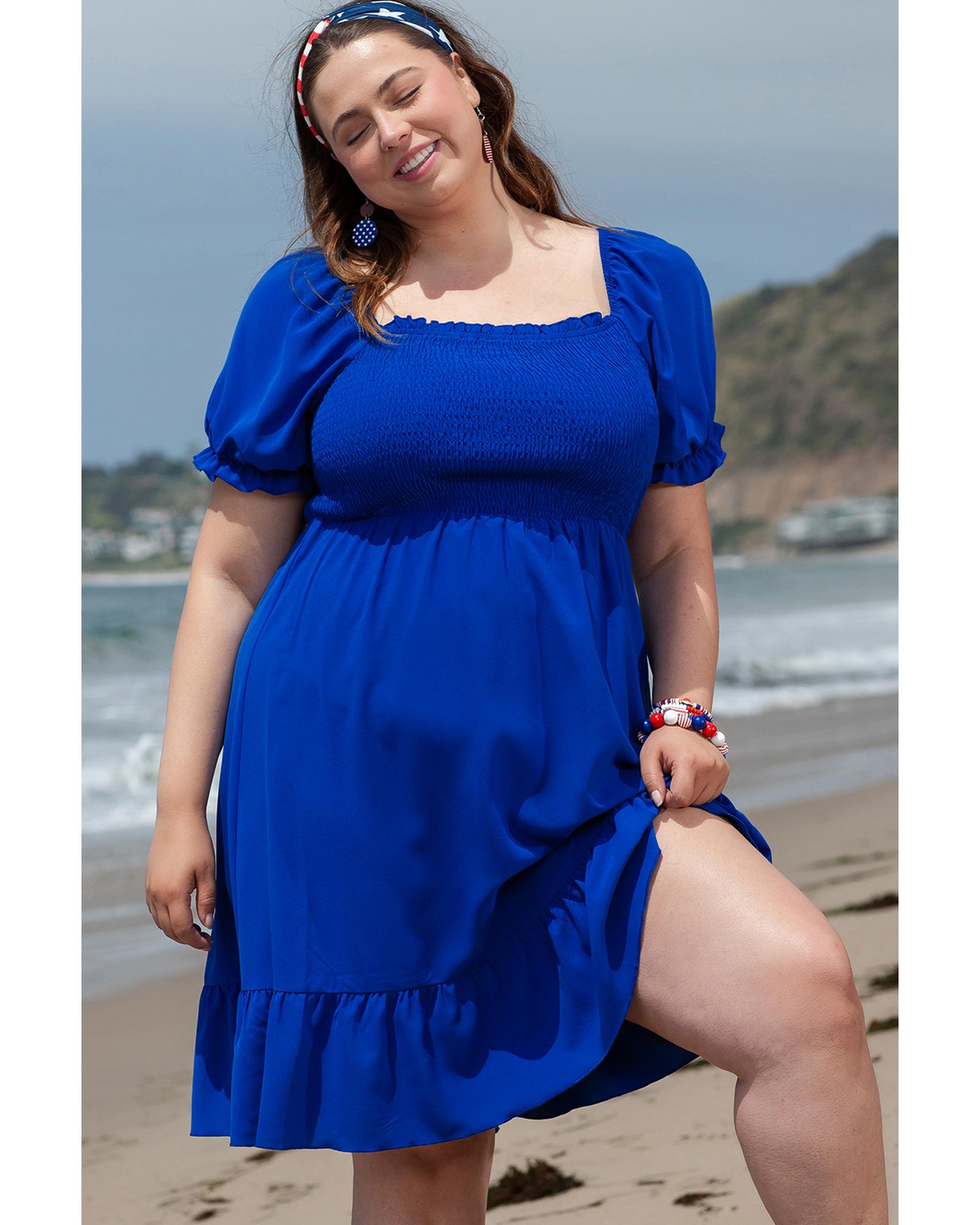 Dark Blue Shirred Ruffled Square Neck Plus Size Mini Dress - 1X 6