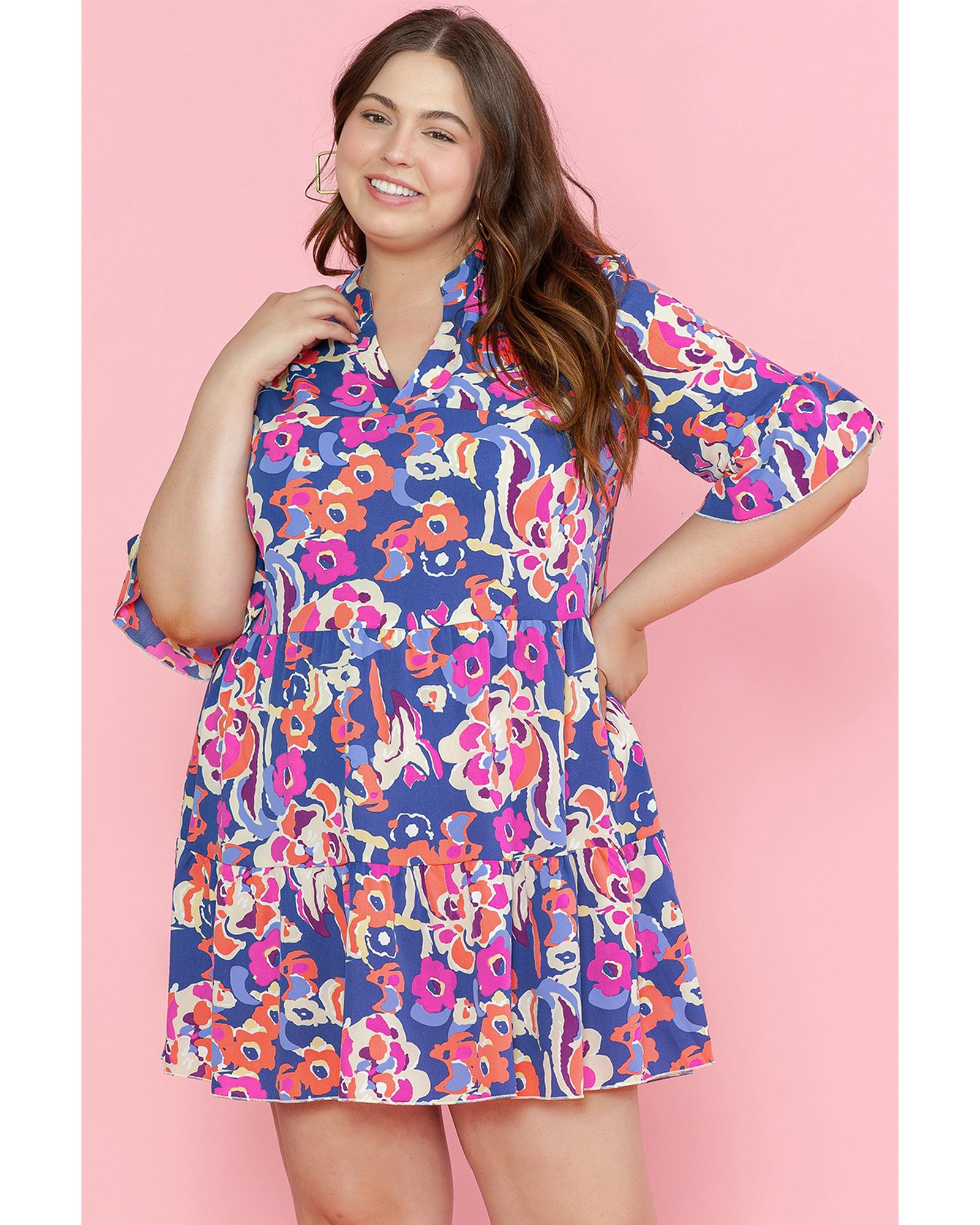 Blue Plus Size Floral Print Ruffled 3/4 Sleeve Mini Dress - 1X 3