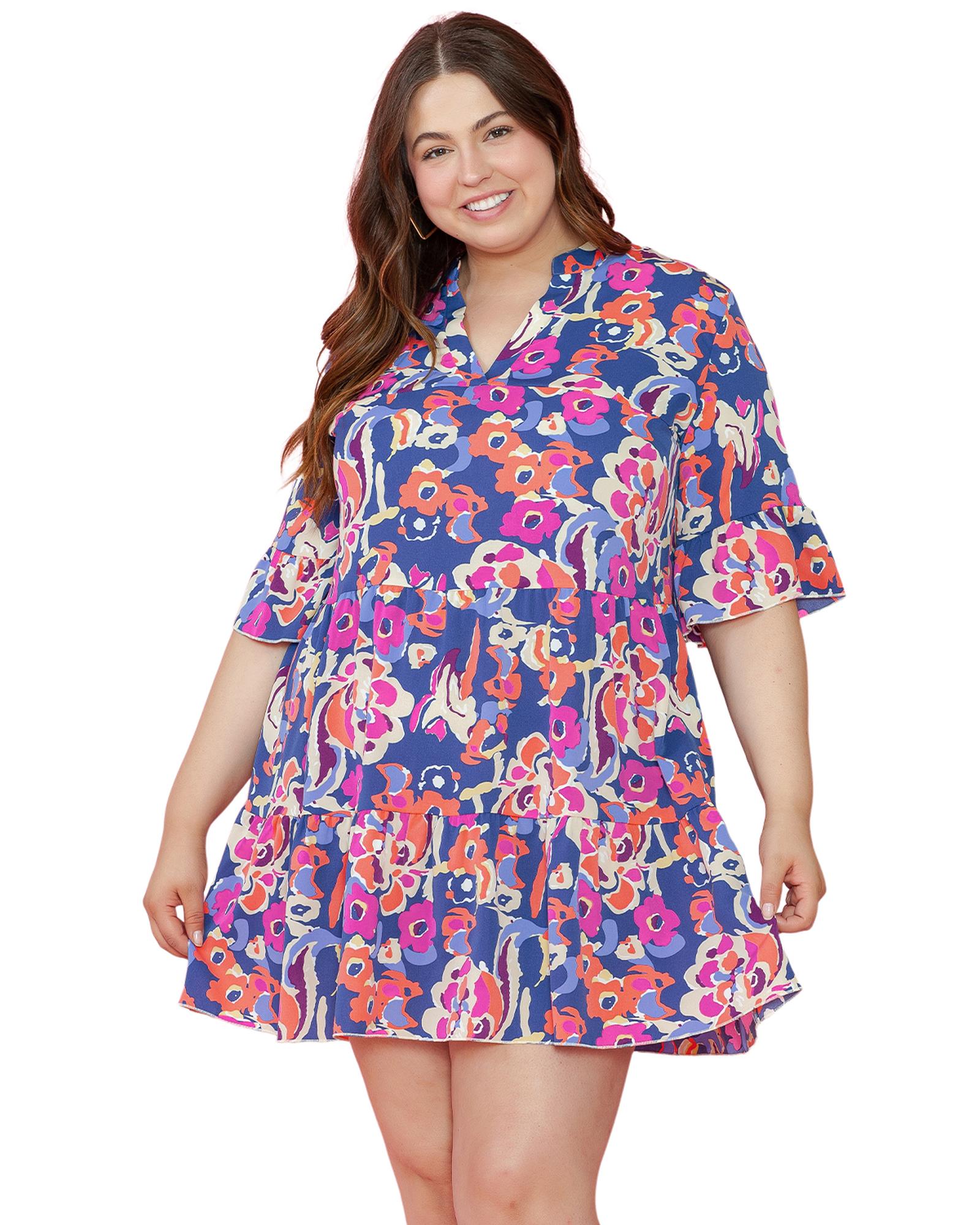 Blue Plus Size Floral Print Ruffled 3/4 Sleeve Mini Dress - 1X 6