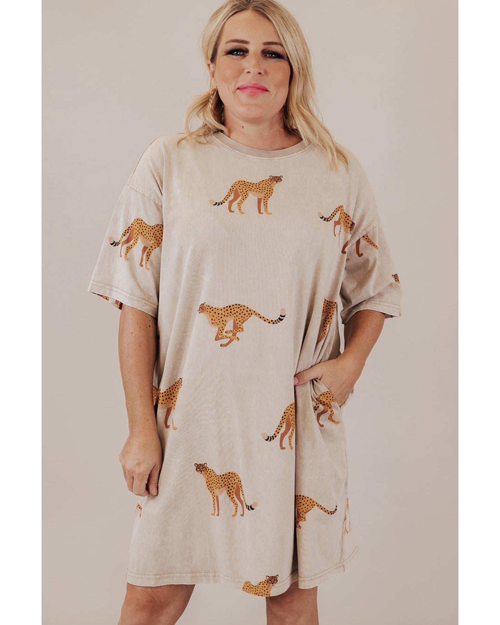 Apricot Plus Size Cheetah Print Side Pockets T Shirt Mini Dress - 3X 3