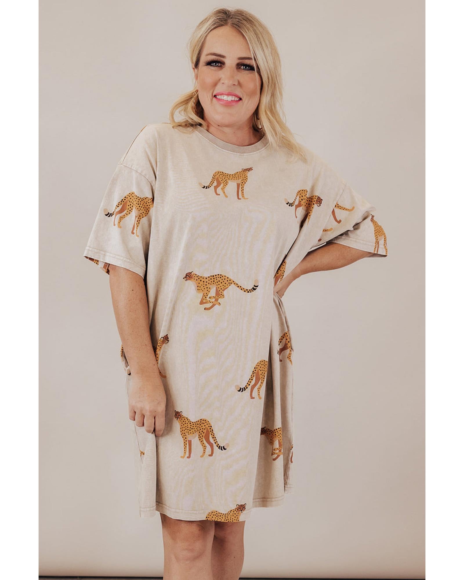 Apricot Plus Size Cheetah Print Side Pockets T Shirt Mini Dress - 3X 6
