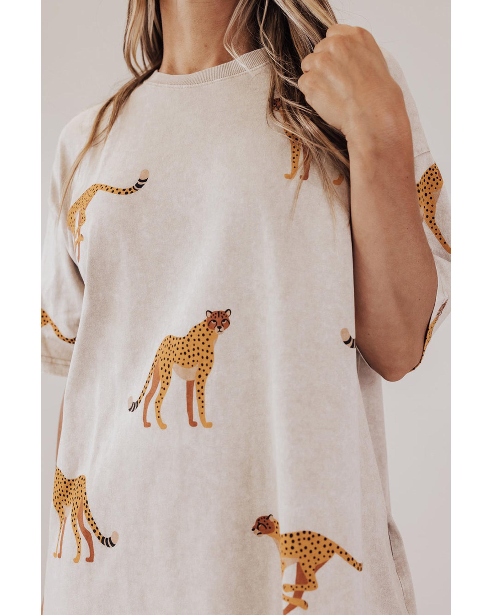 Apricot Plus Size Cheetah Print Side Pockets T Shirt Mini Dress - 4X 5