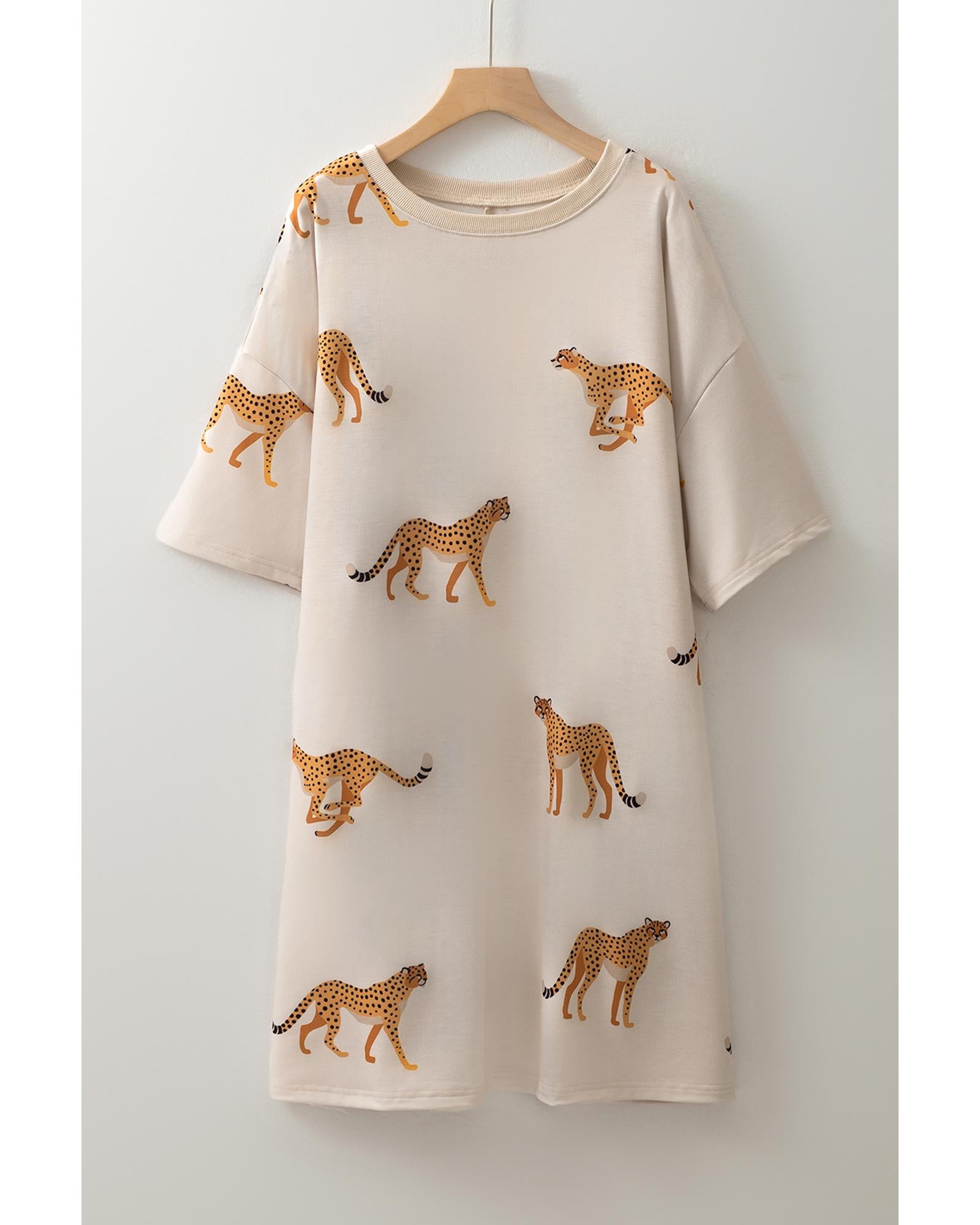 Apricot Plus Size Cheetah Print Side Pockets T Shirt Mini Dress - 4X 6