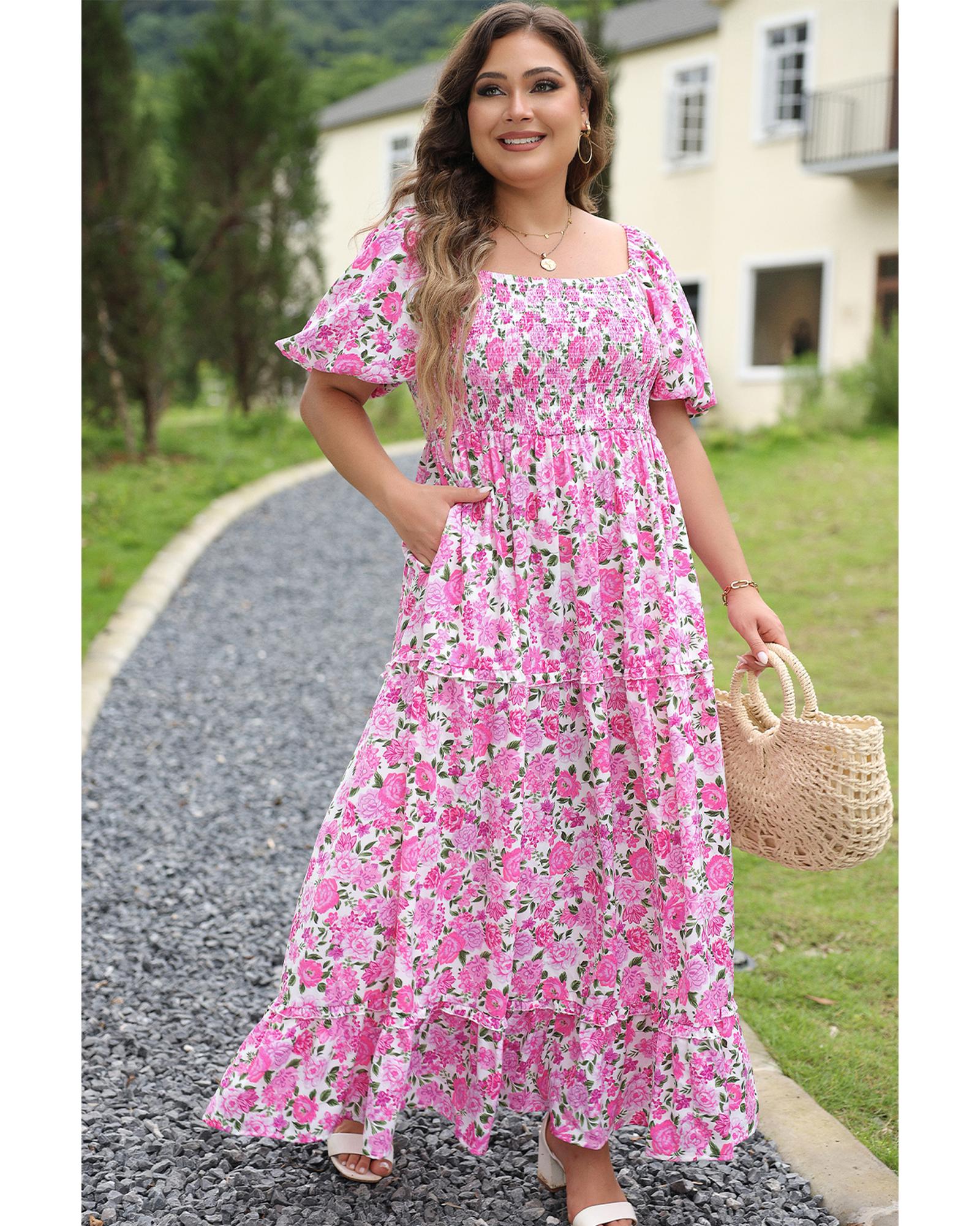 Pink Plus Size Floral Print Smocked Puff Sleeve Dress - 1X