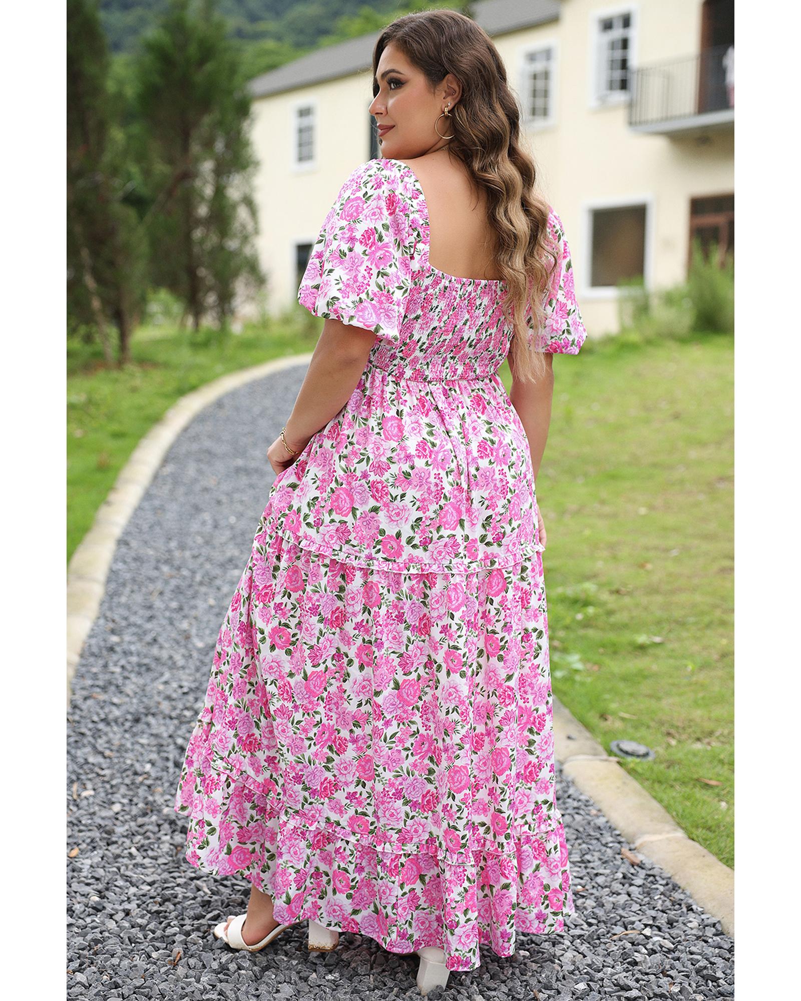 Pink Plus Size Floral Print Smocked Puff Sleeve Dress - 1X 3