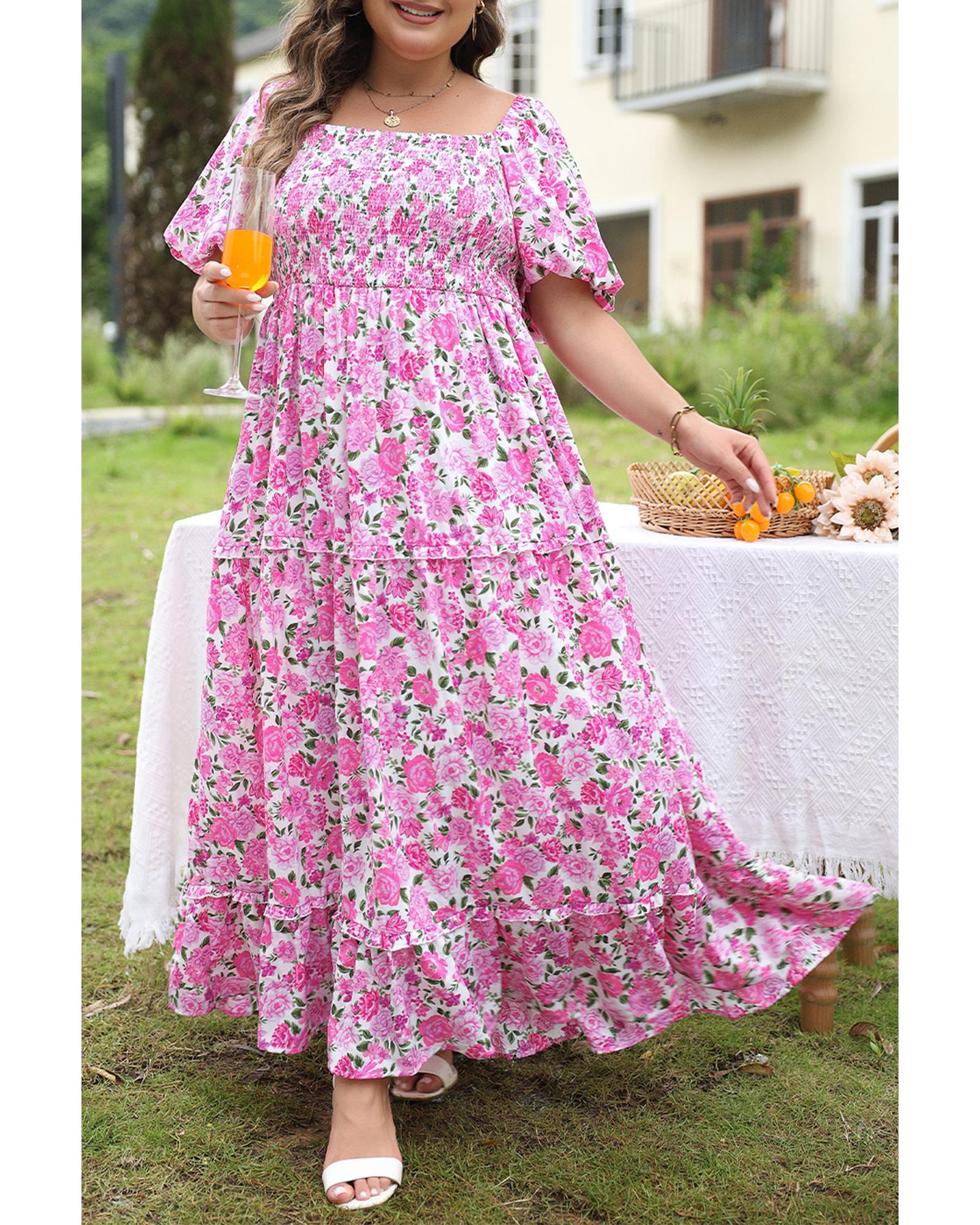 Pink Plus Size Floral Print Smocked Puff Sleeve Dress - 1X 6
