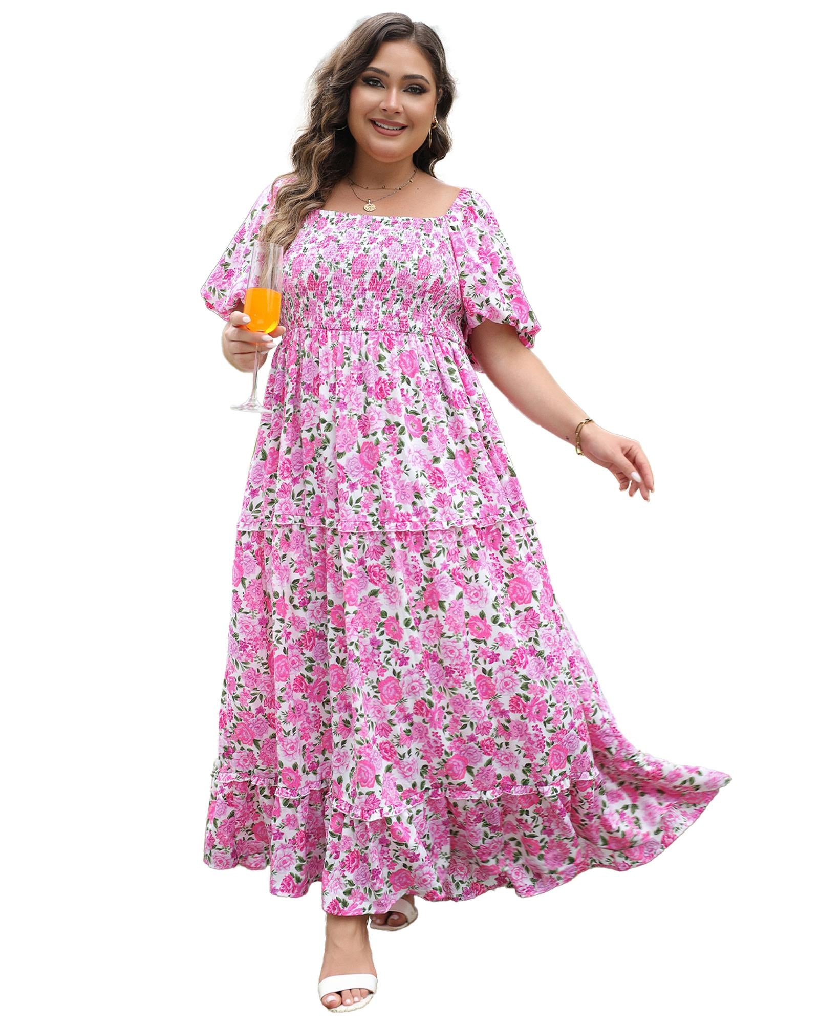 Pink Plus Size Floral Print Smocked Puff Sleeve Dress - 1X 8
