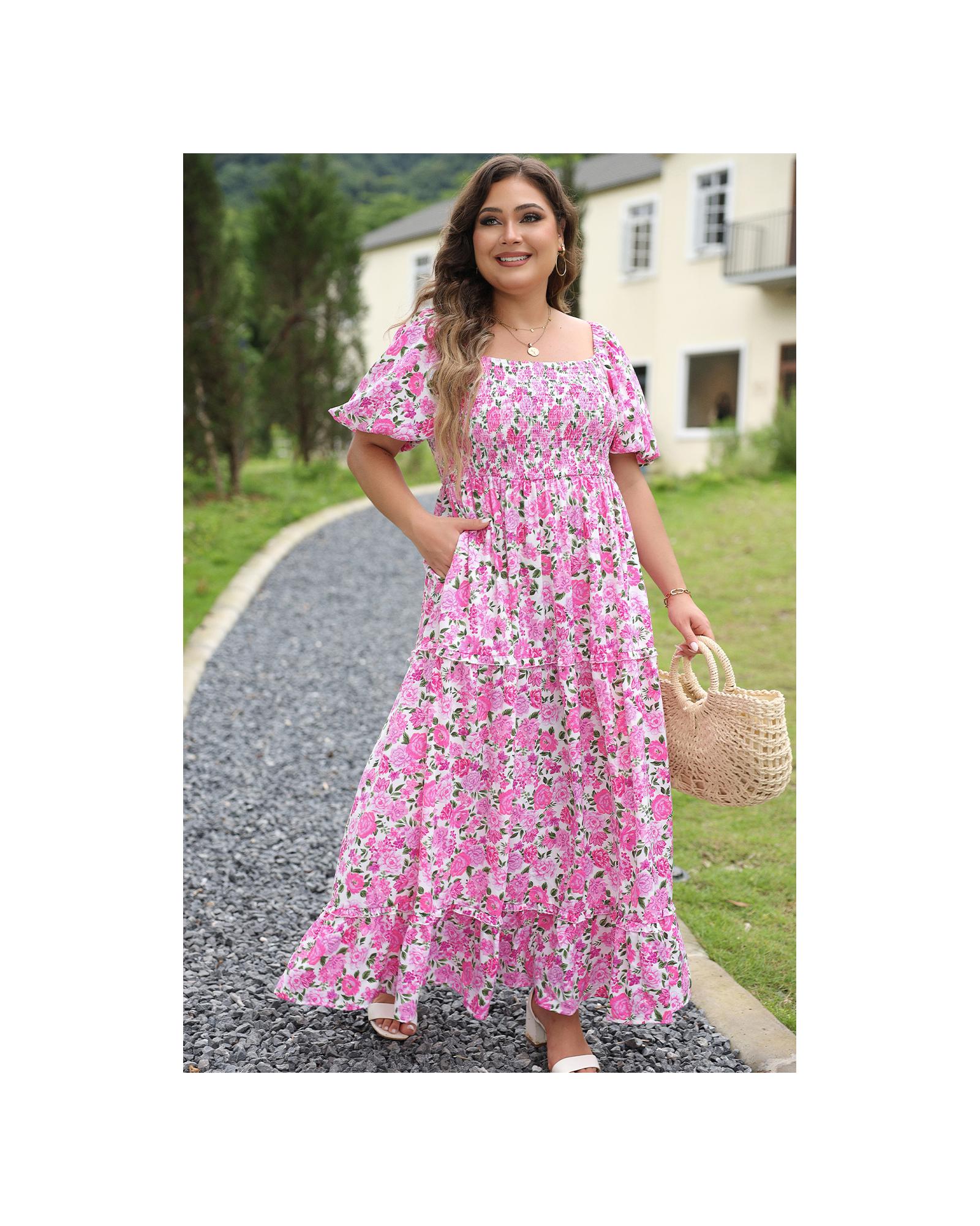 Pink Plus Size Floral Print Smocked Puff Sleeve Dress - 2X