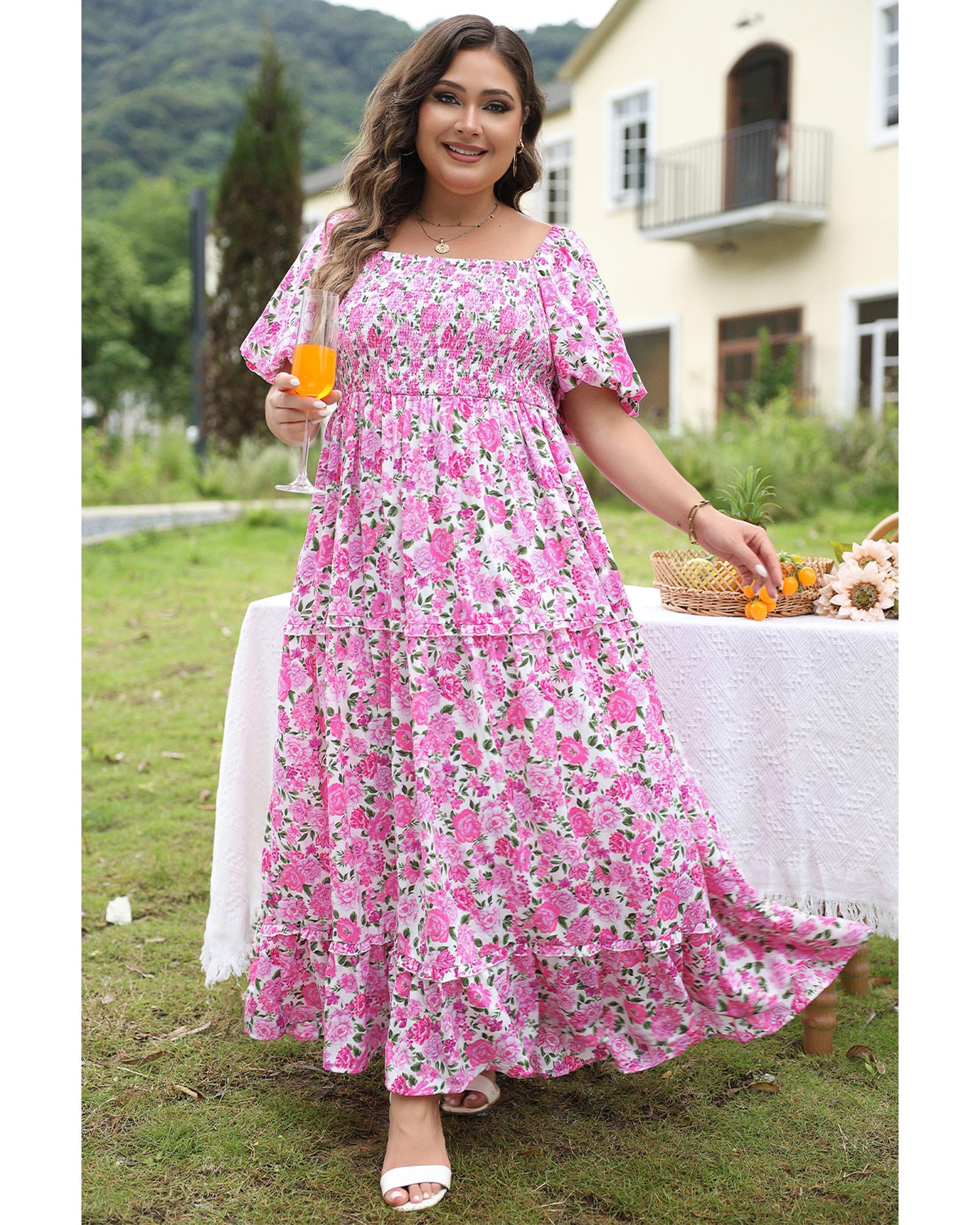 Pink Plus Size Floral Print Smocked Puff Sleeve Dress - 2X 4