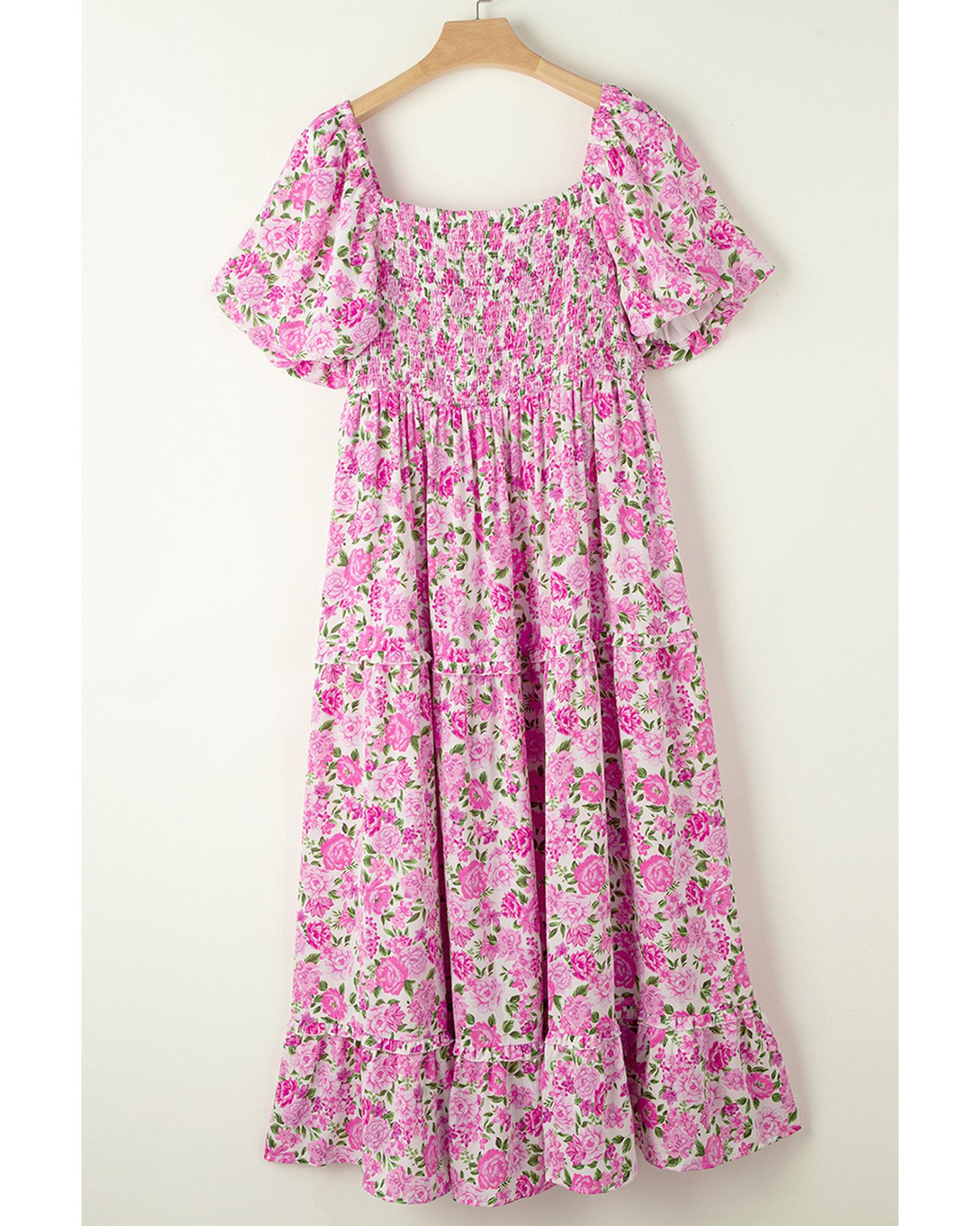Pink Plus Size Floral Print Smocked Puff Sleeve Dress - 2X 7