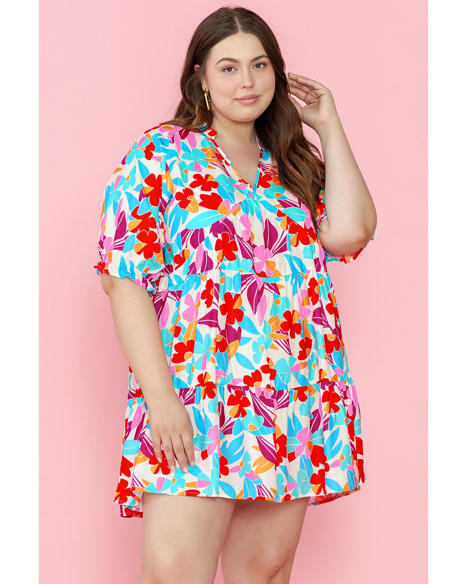 Multicolour Floral Tiered V Neck Plus Dress - 1X