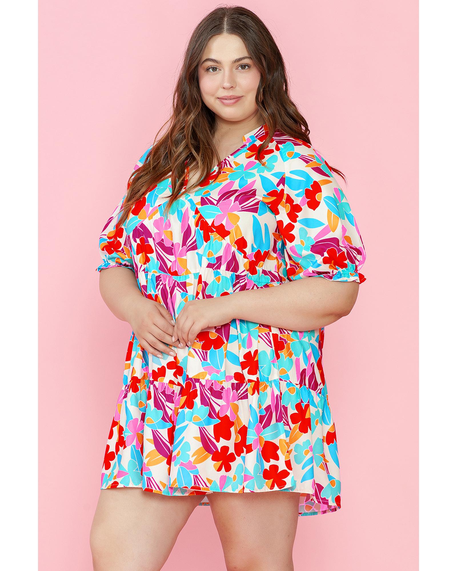 Multicolour Floral Tiered V Neck Plus Dress - 1X