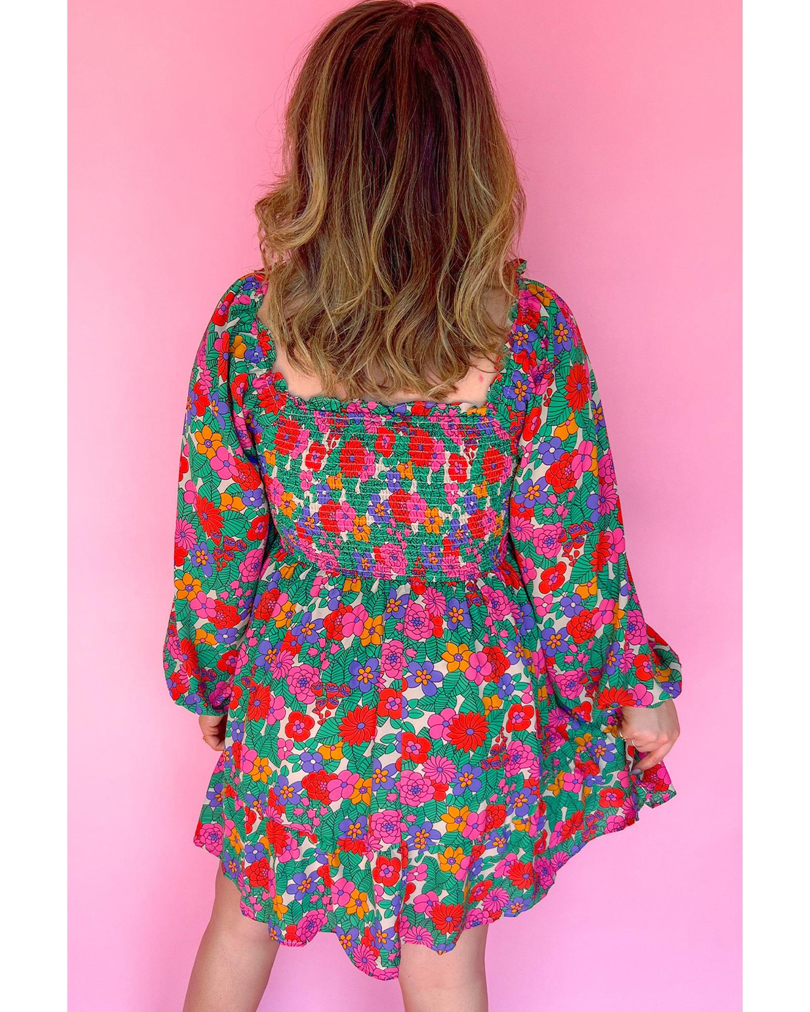 White Plus Size Floral Frilled Square Neck Shirred Long Sleeve Dress - 3X 4