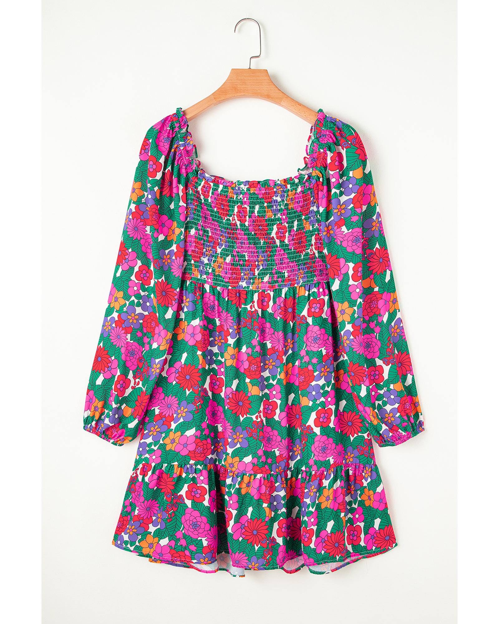White Plus Size Floral Frilled Square Neck Shirred Long Sleeve Dress - 3X 7