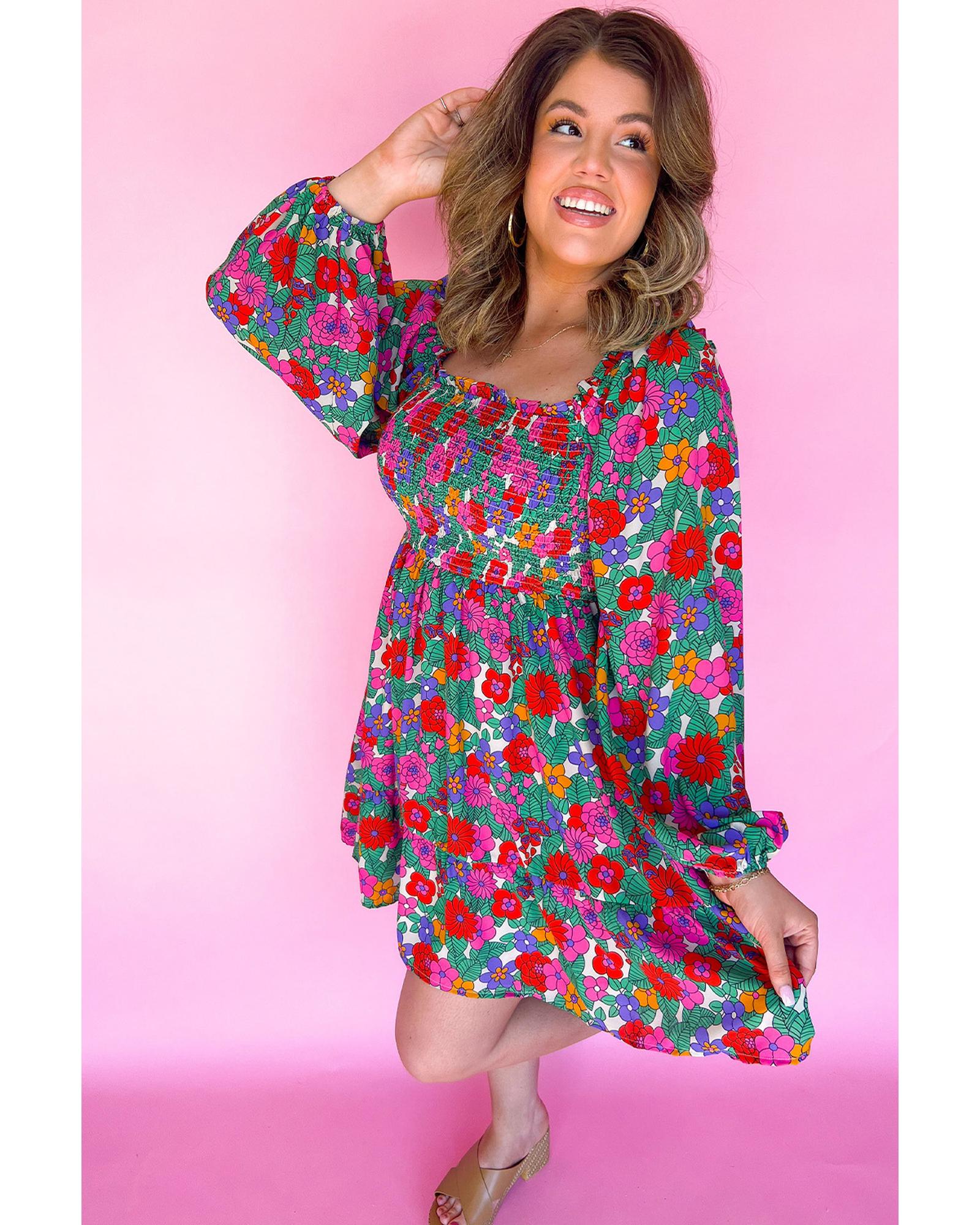 White Plus Size Floral Frilled Square Neck Shirred Long Sleeve Dress - 4X