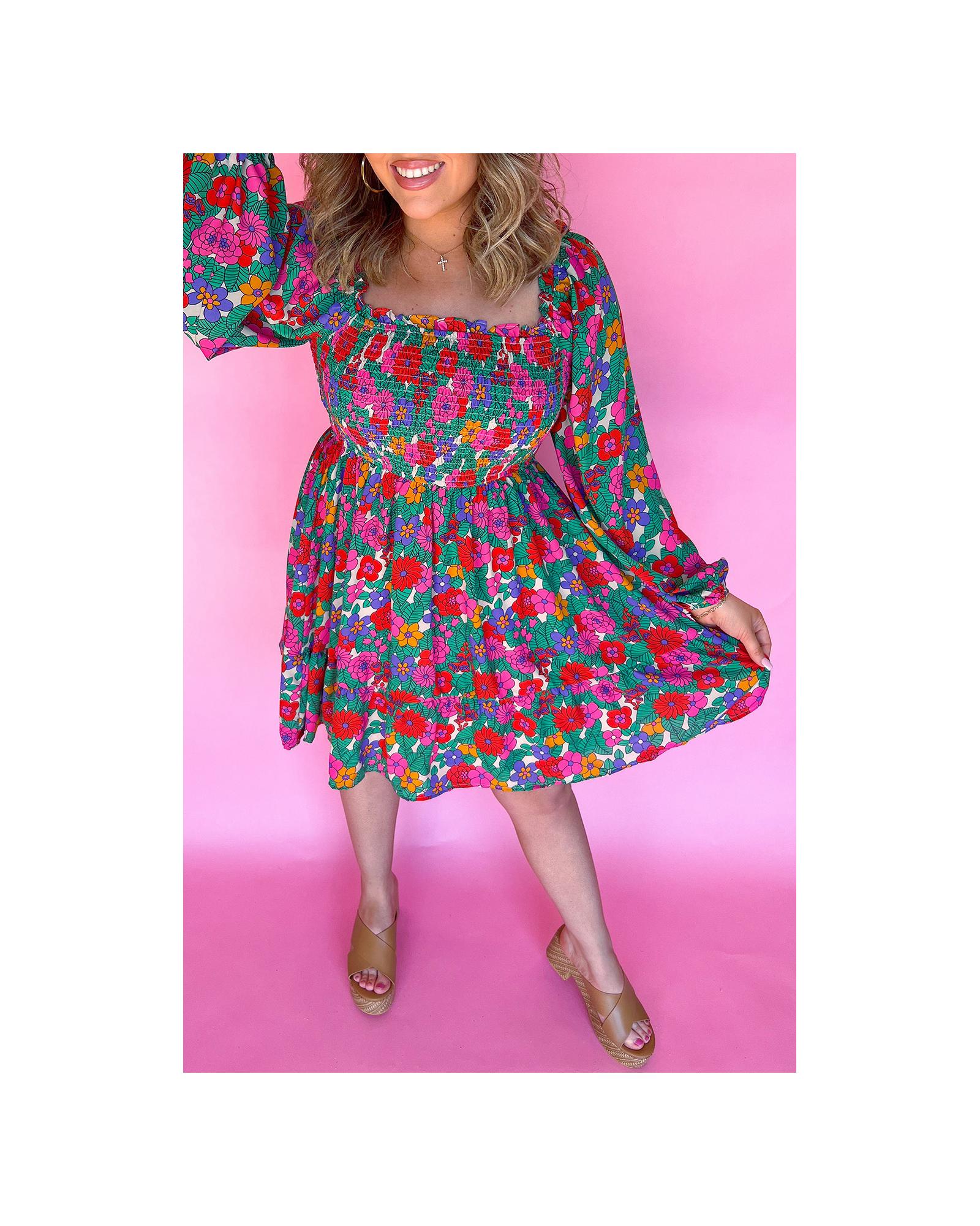 White Plus Size Floral Frilled Square Neck Shirred Long Sleeve Dress - 4X