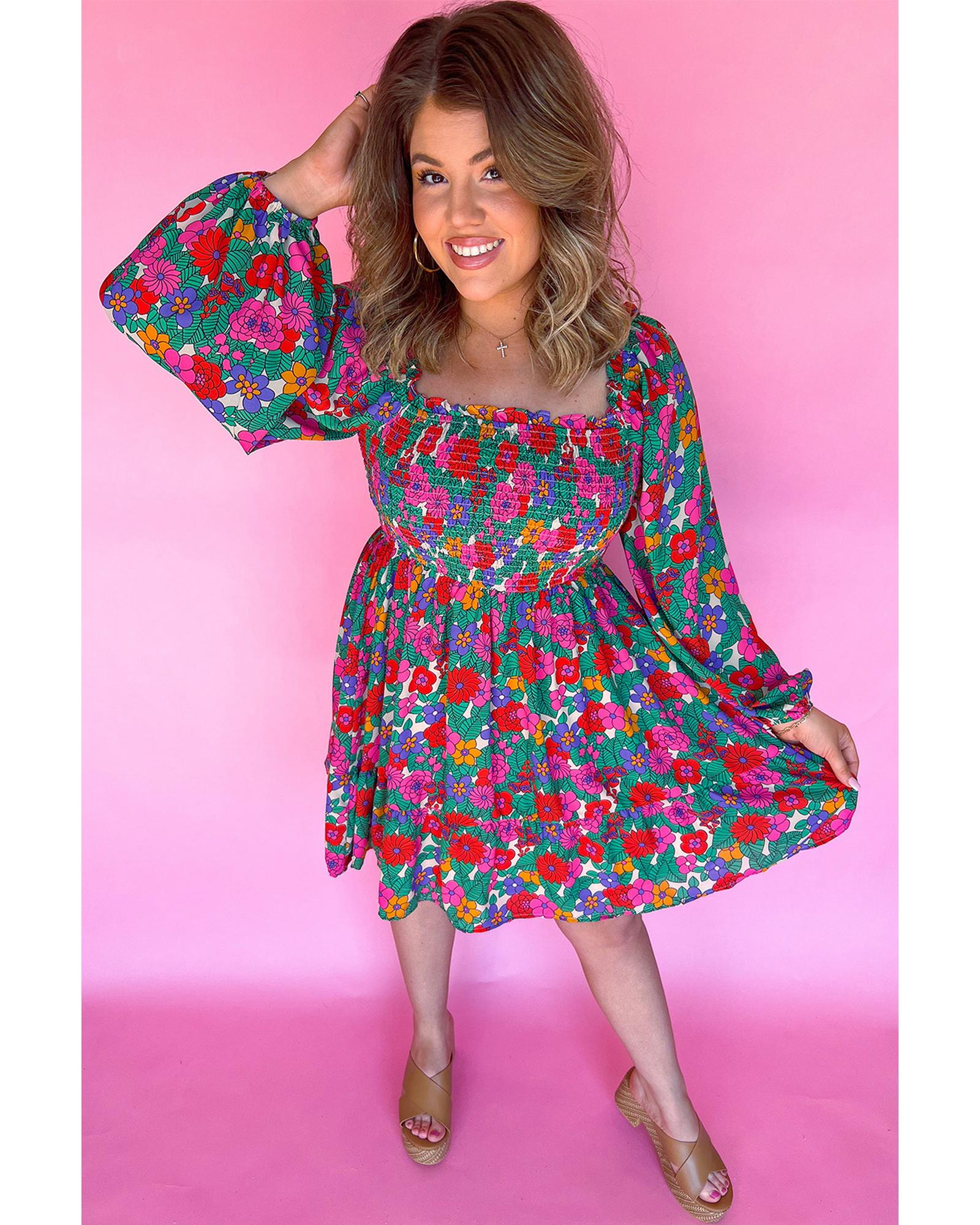 White Plus Size Floral Frilled Square Neck Shirred Long Sleeve Dress - 4X 3