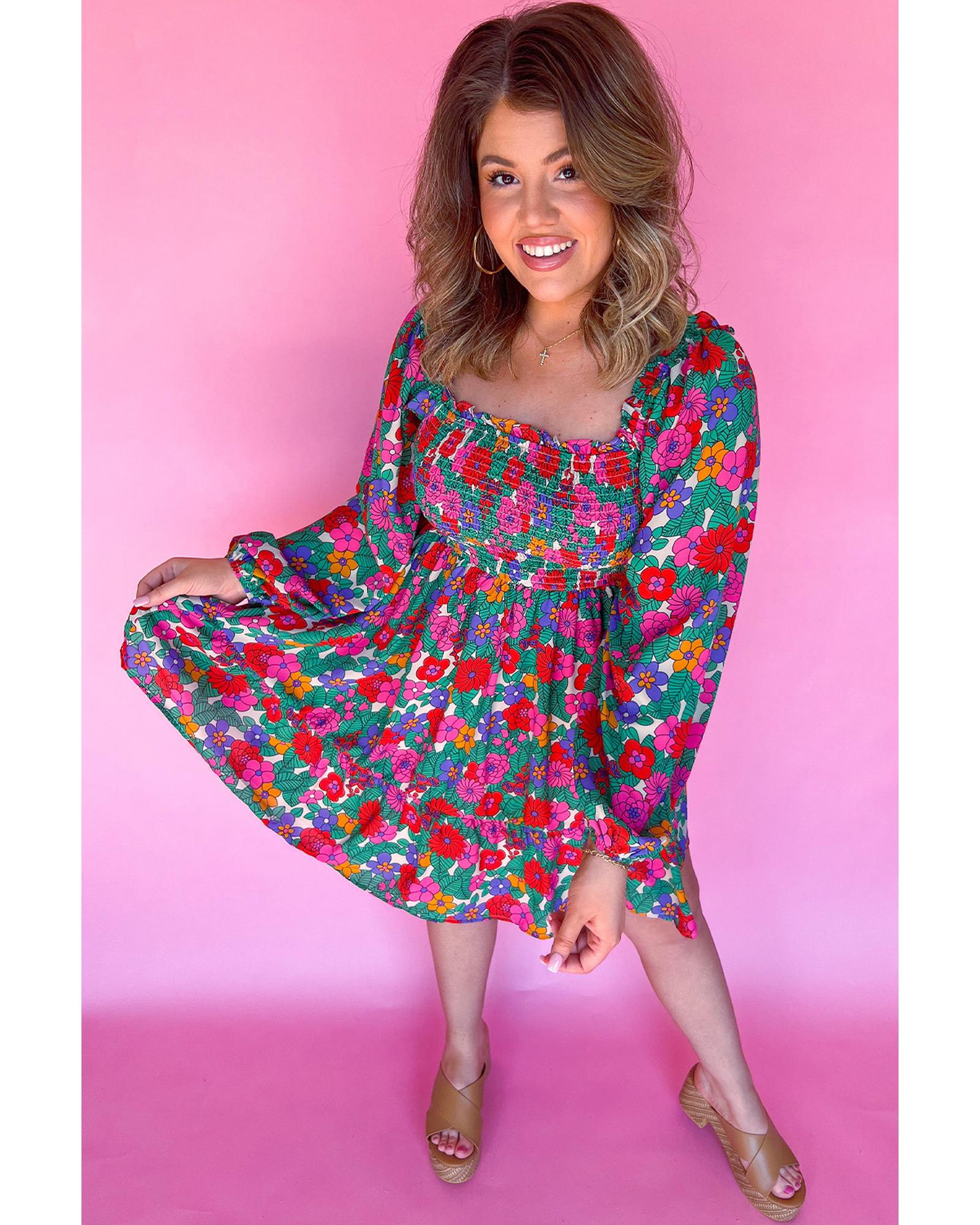White Plus Size Floral Frilled Square Neck Shirred Long Sleeve Dress - 4X 6