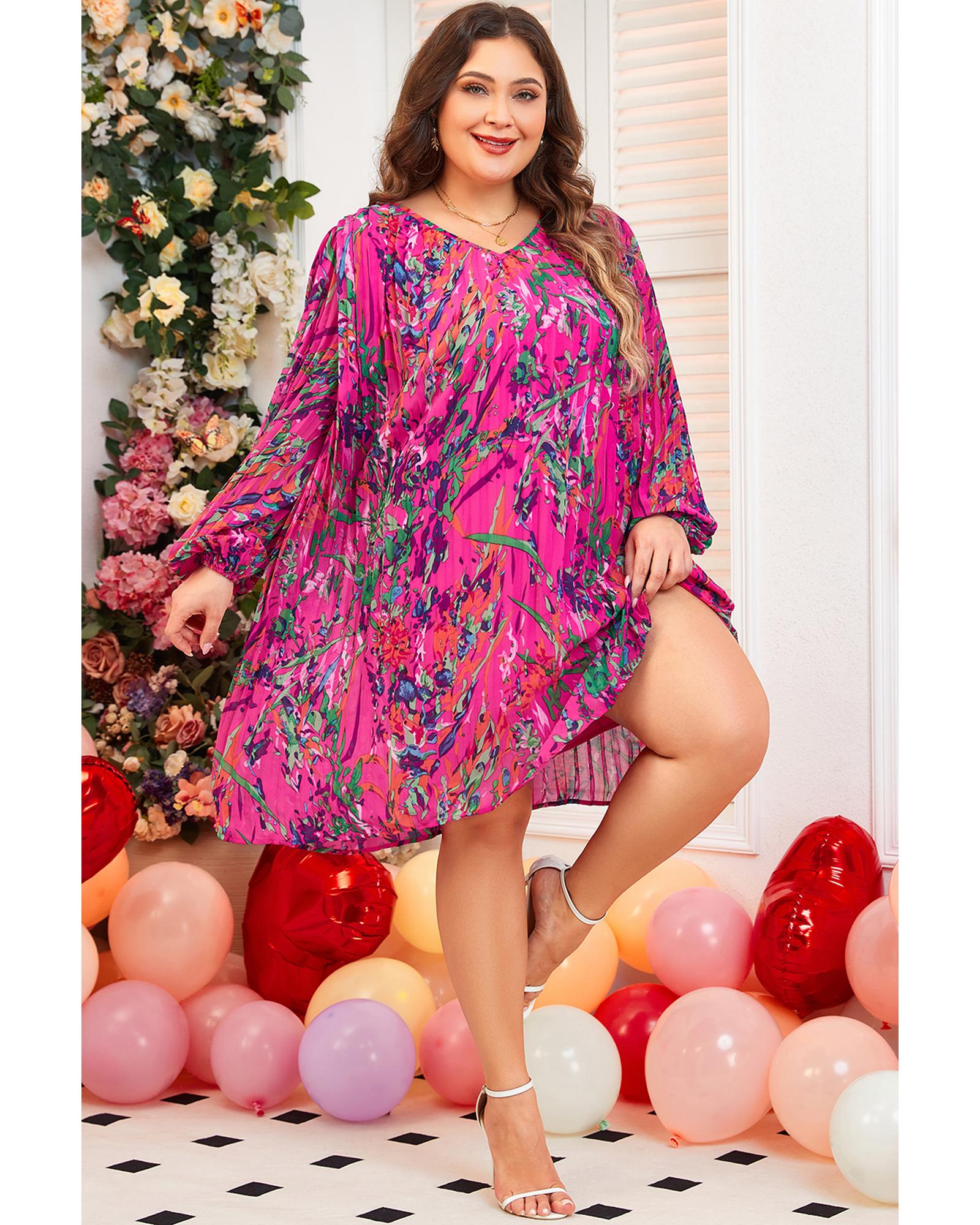 Rose Plus Size Abstract Floral Print Pleated Loose Dress - 1X