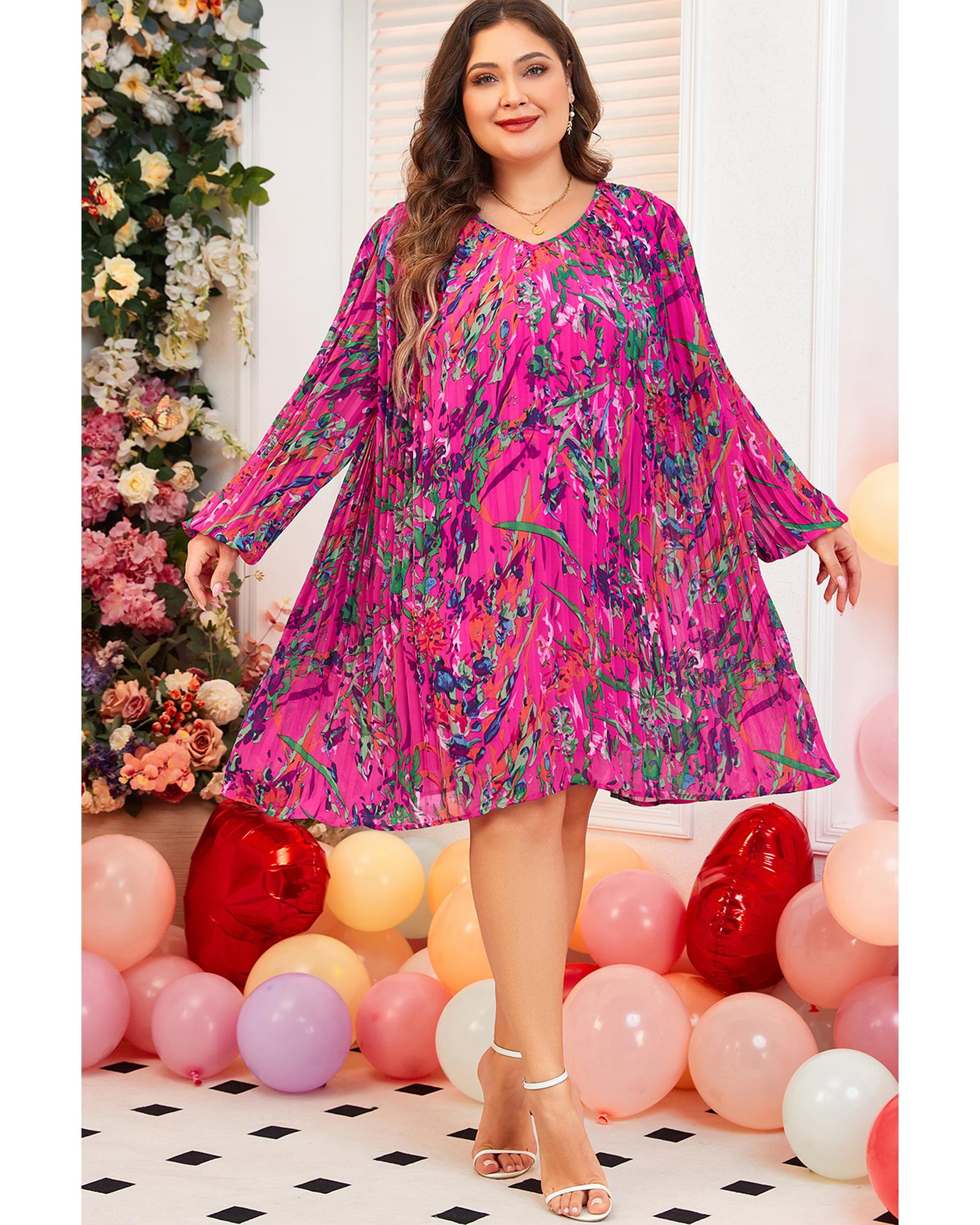 Rose Plus Size Abstract Floral Print Pleated Loose Dress - 3X 3