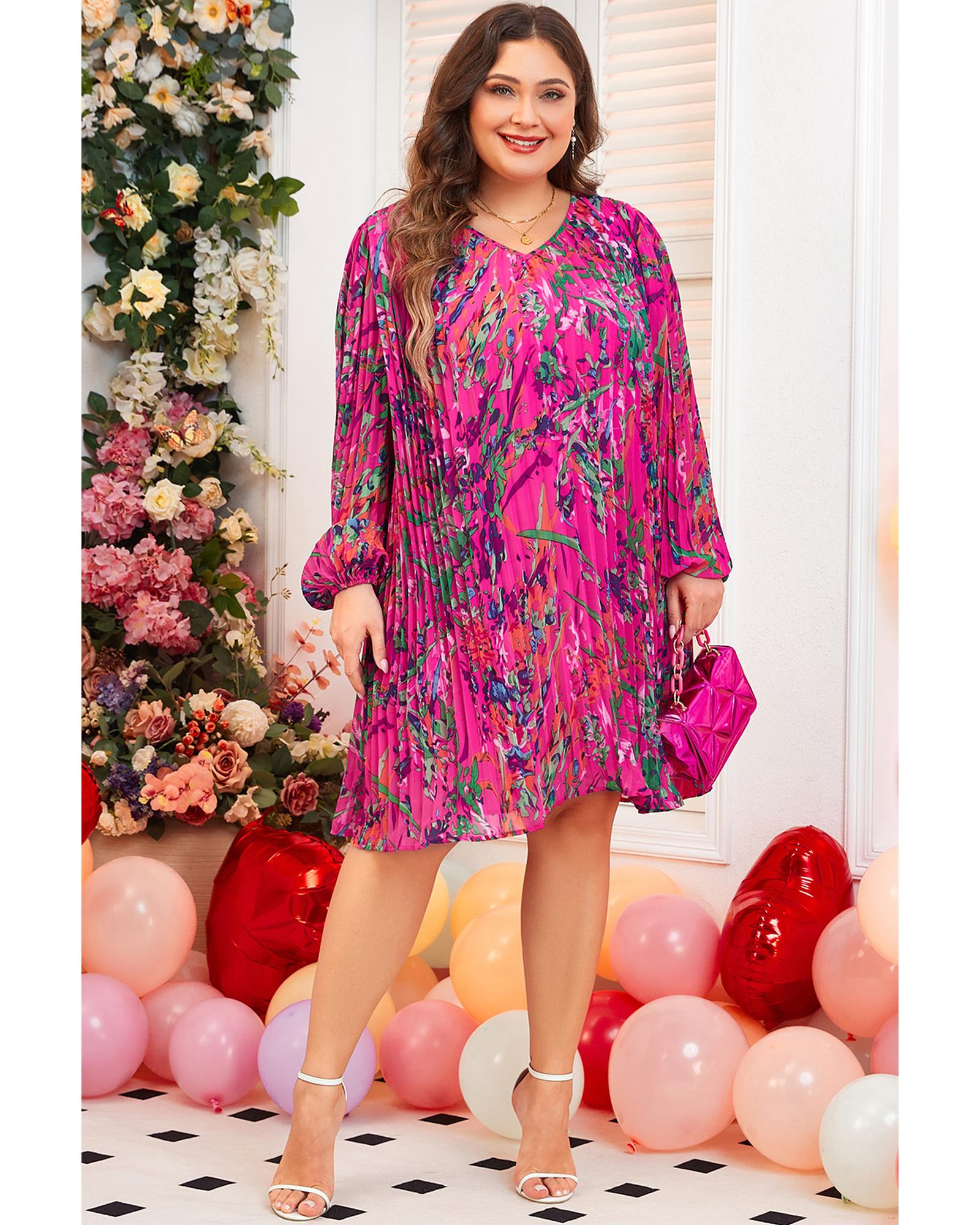 Rose Plus Size Abstract Floral Print Pleated Loose Dress - 3X 7