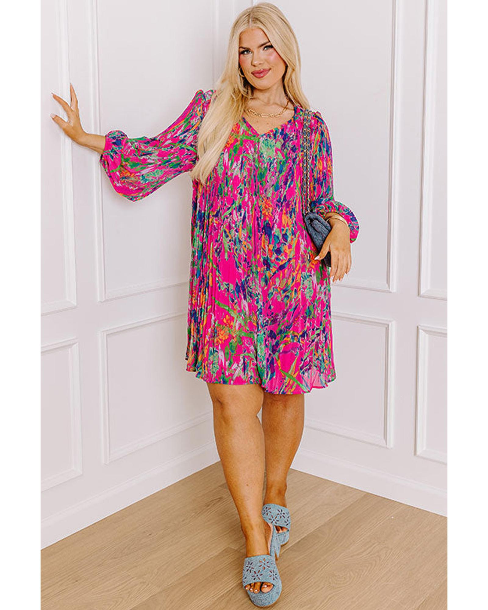 Rose Plus Size Abstract Floral Print Pleated Loose Dress - 4X 5