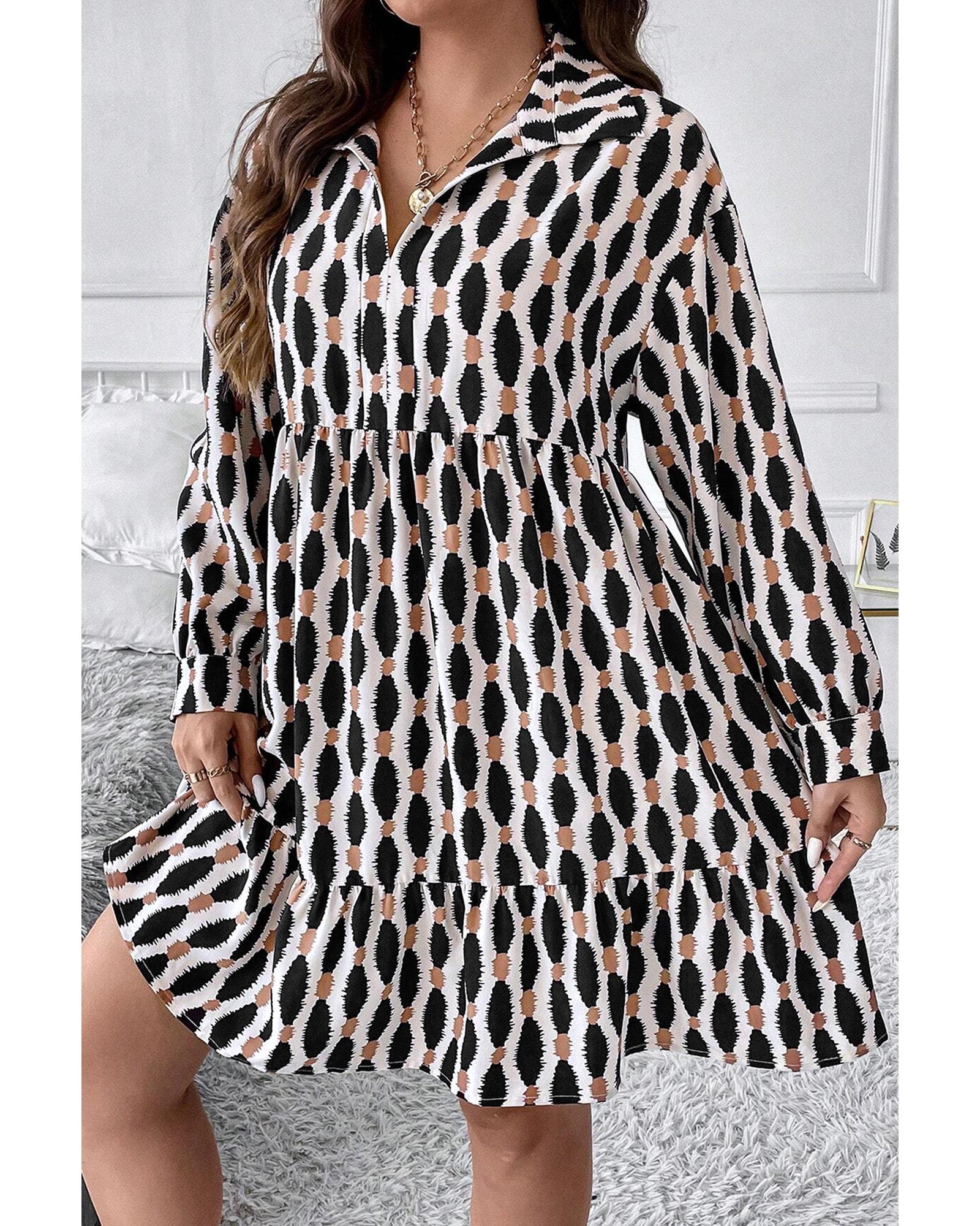 Apricot Geometric Print Collared V Neck Plus Size Mini Dress - 1X